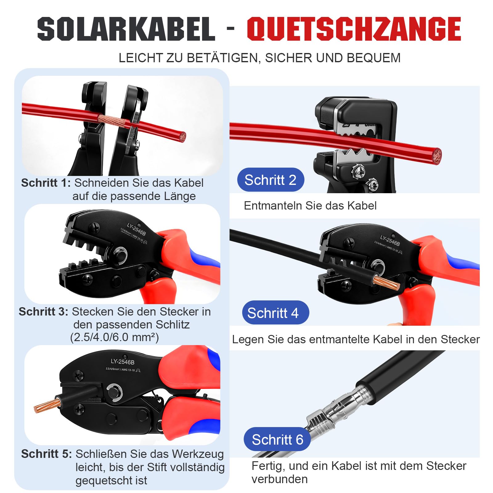Solar Crimpzange für 2.5/4/6 mm² Solarpanel Solarkabel, 10 Paar Männlich Weiblich Solarstecker, 1 Stk Crimpzange, 1 Abisolierzange und 2 Stk Schraubenschlüssel