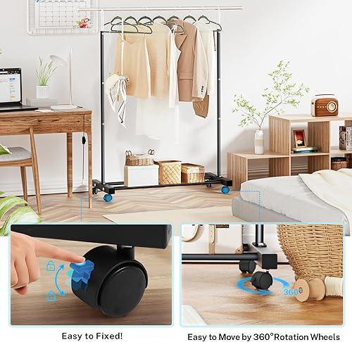 Miniatura 4 de Perchero de ropa resistente de 55.51 pulgadas con ruedas y estante inferior, perchero con ruedas y estante inferior, percheros de ropa de capacidad