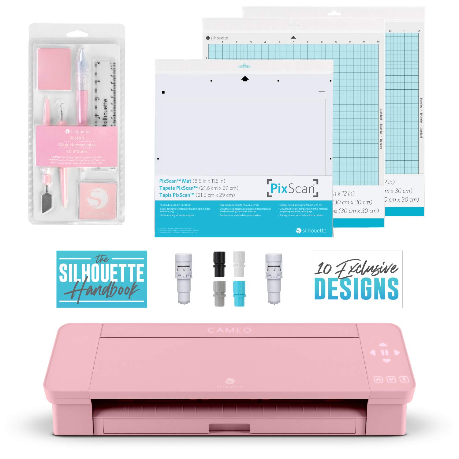 Silhouette Cameo 4 Extras Bundle with 2 AutoBlades, Pink Tool Kit, 2 Cutting mats, PixScan Mat. Also Includes CrafterCuts Start Up Guide and Bonus Designs