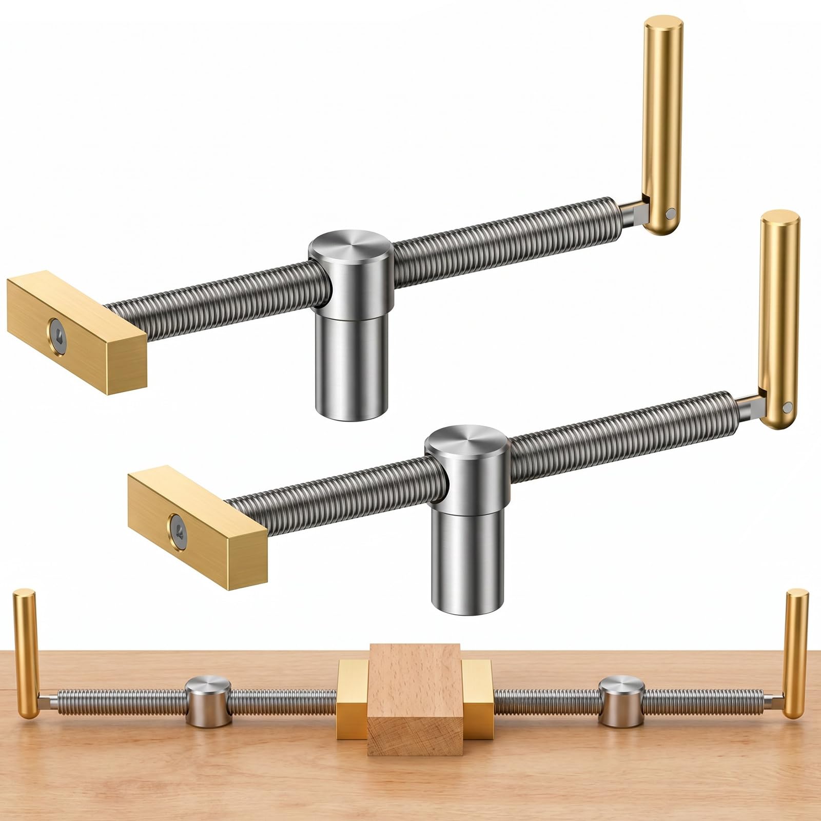 2-pack Adjustable Bench Dog Clamp 3/4" Dog Hole Clamp Heavy Duty Adjustable Workbench Stop with Brass Handle Non-marring Brass Pad for Woodworking Jig Making Surface &amp; Bar Clamping