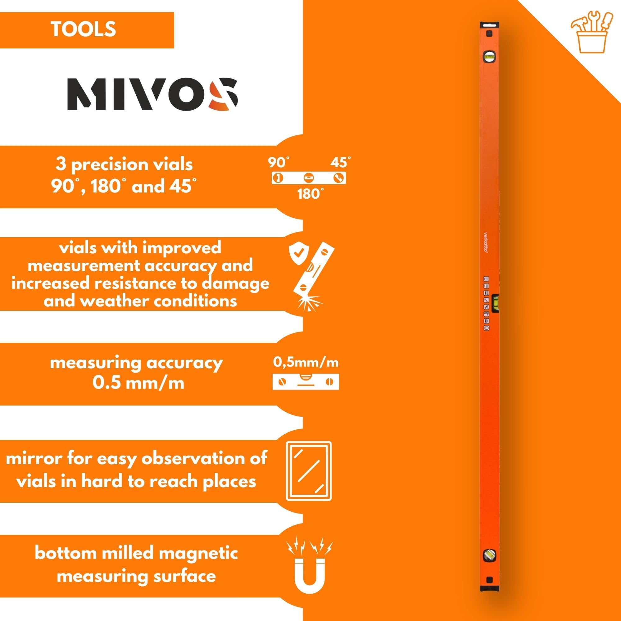 MIVOS - Livella a bolla in alluminio 150 cm con funzione specchio - 3 livelle precise - Livella a bolla con maggiore precisione di misurazione e profilo ergonomico in alluminio