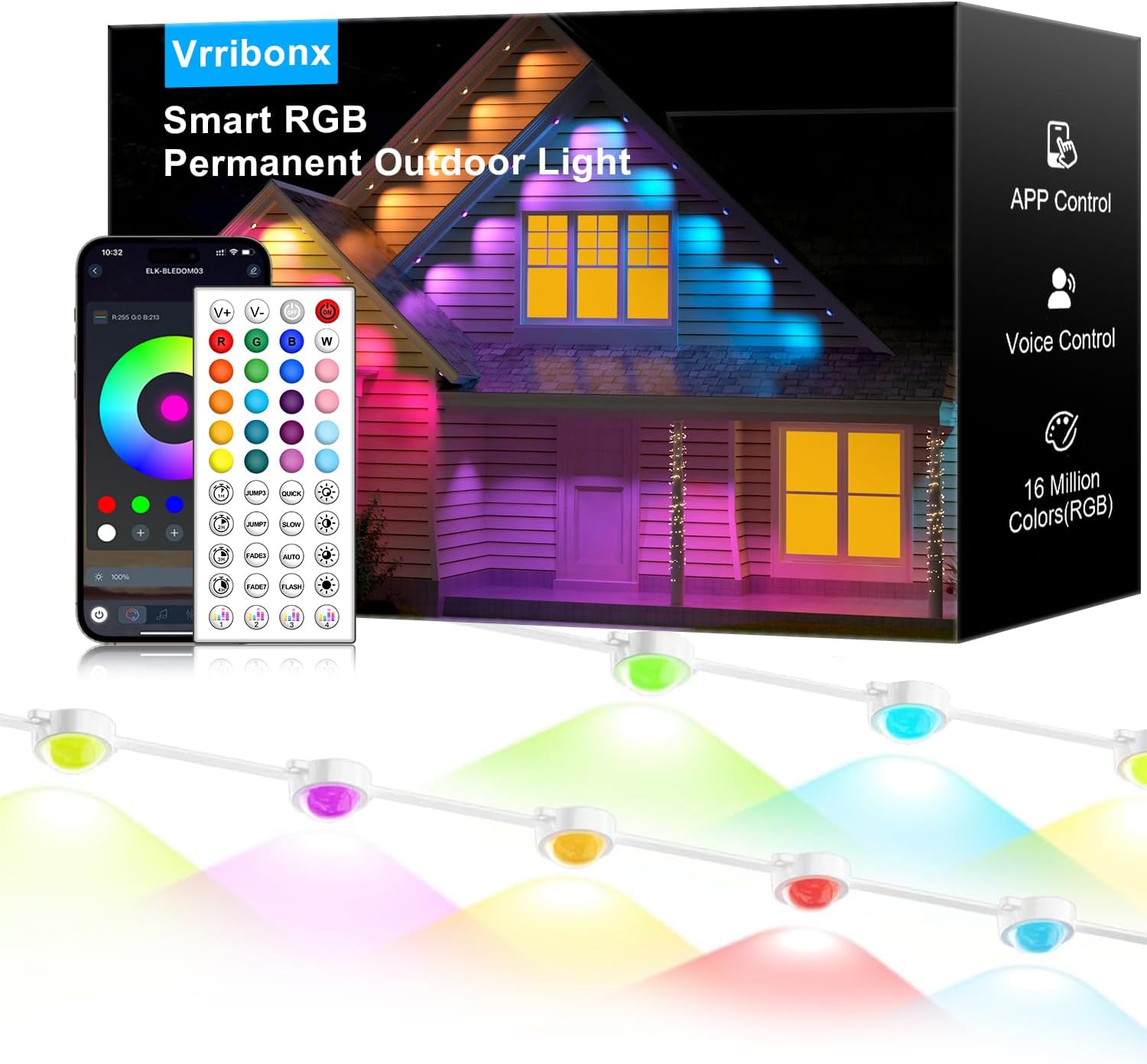 150FT Permanent Outdoor RGB Lights - IP65 Waterproof with Smart App Control Remote, DIY Scene Modes, Music Synchronization, Eaves Lights For Garden Decor, Deck, Christmas, Party, Party, Halloween,Roof