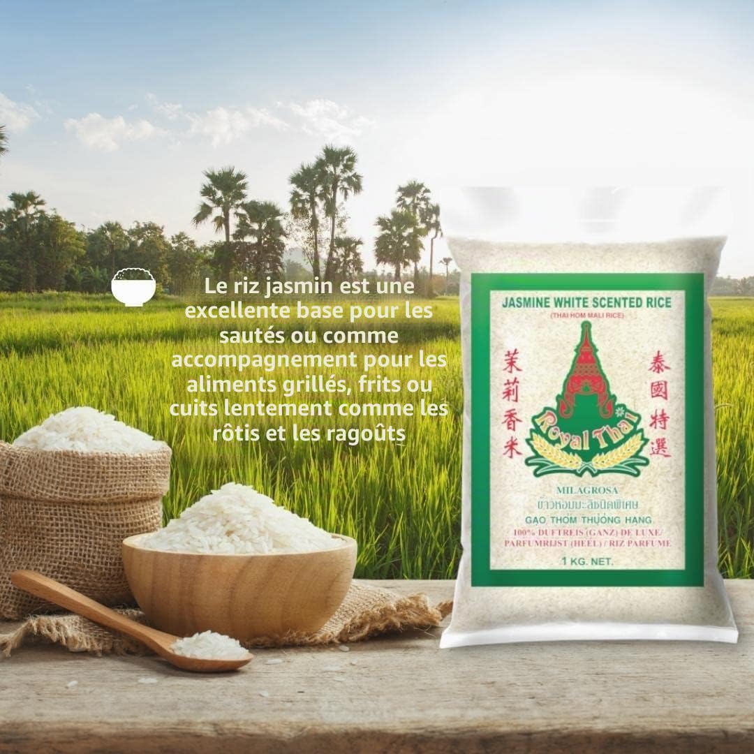 Riz parfumé Royal Thai Rice Jasmin à grains longs 18 kg – Qualité supérieure de Thaïlande, 100 % riz naturel | Idéal pour les plats wok, les cuisines asiatiques et les accompagnements avec autocollant