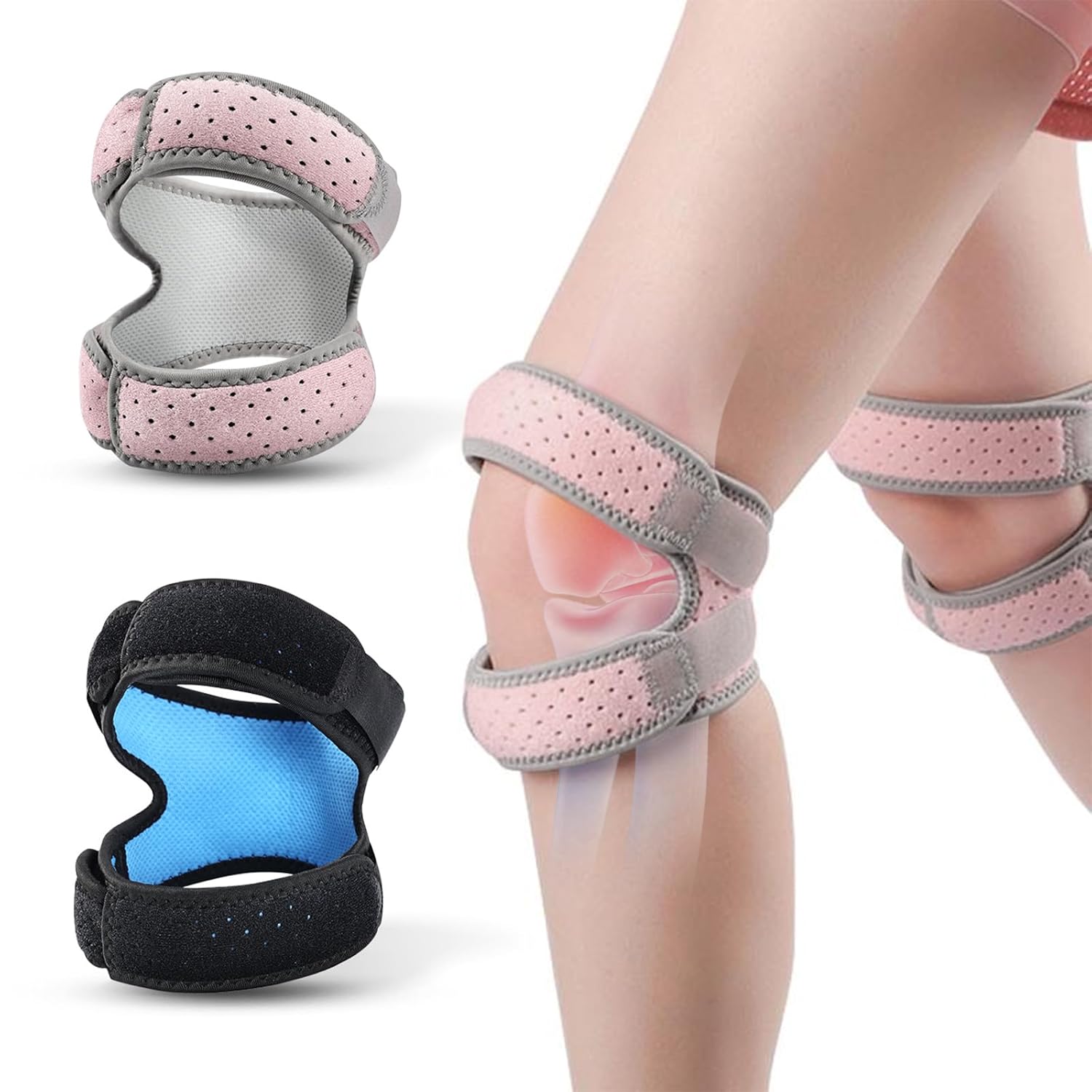 2-Pack Patella Knee Strap for Men & Women – Adjustable Tendon Support Band for Knee Pain Relief, Running, Squats, Workouts, Arthritis (Pink & Grey)