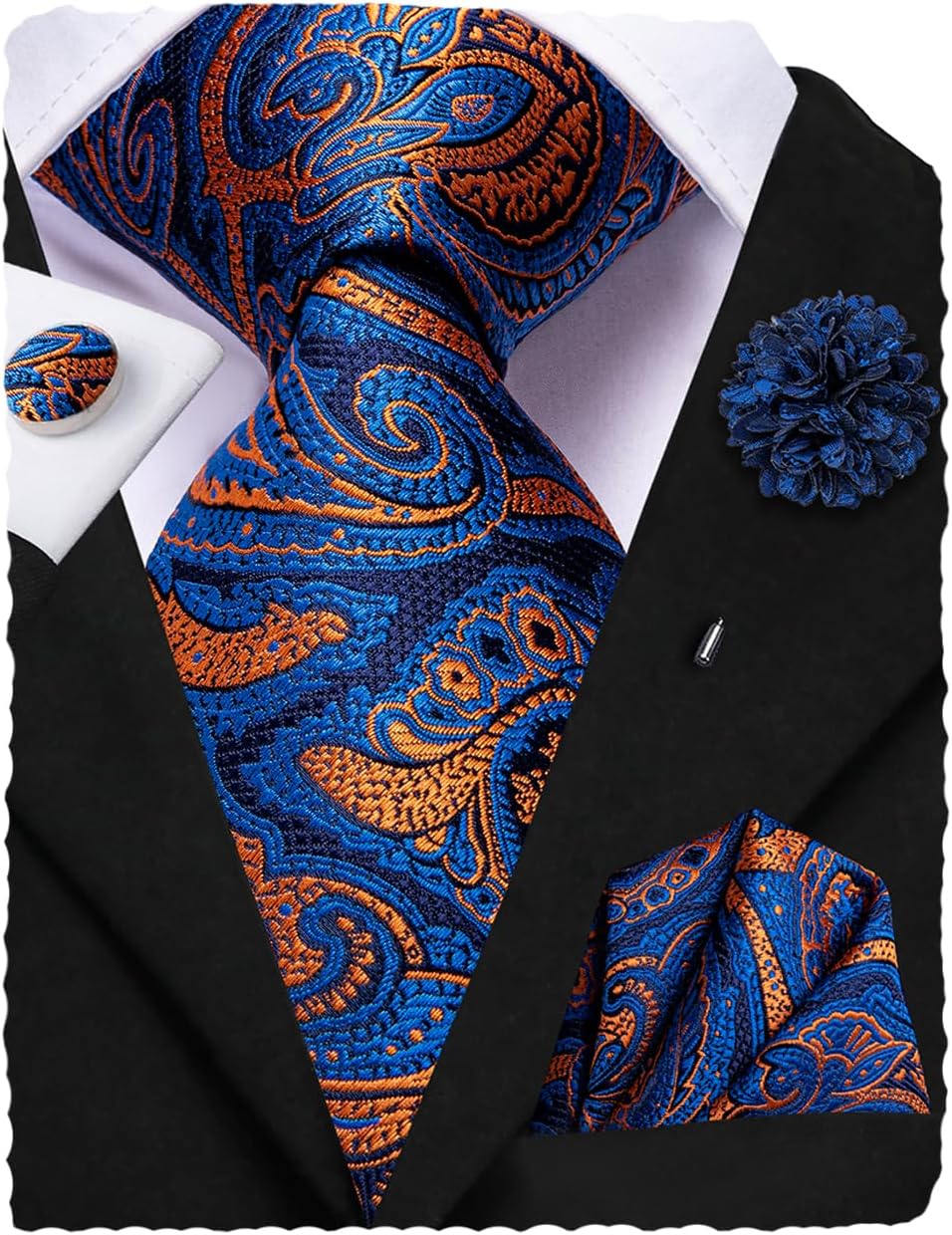 Hi-Tie Men's Tie Lapel Pin Set Pocket Square Cufflinks Formal Woven Silk Tie Sets Wedding Party