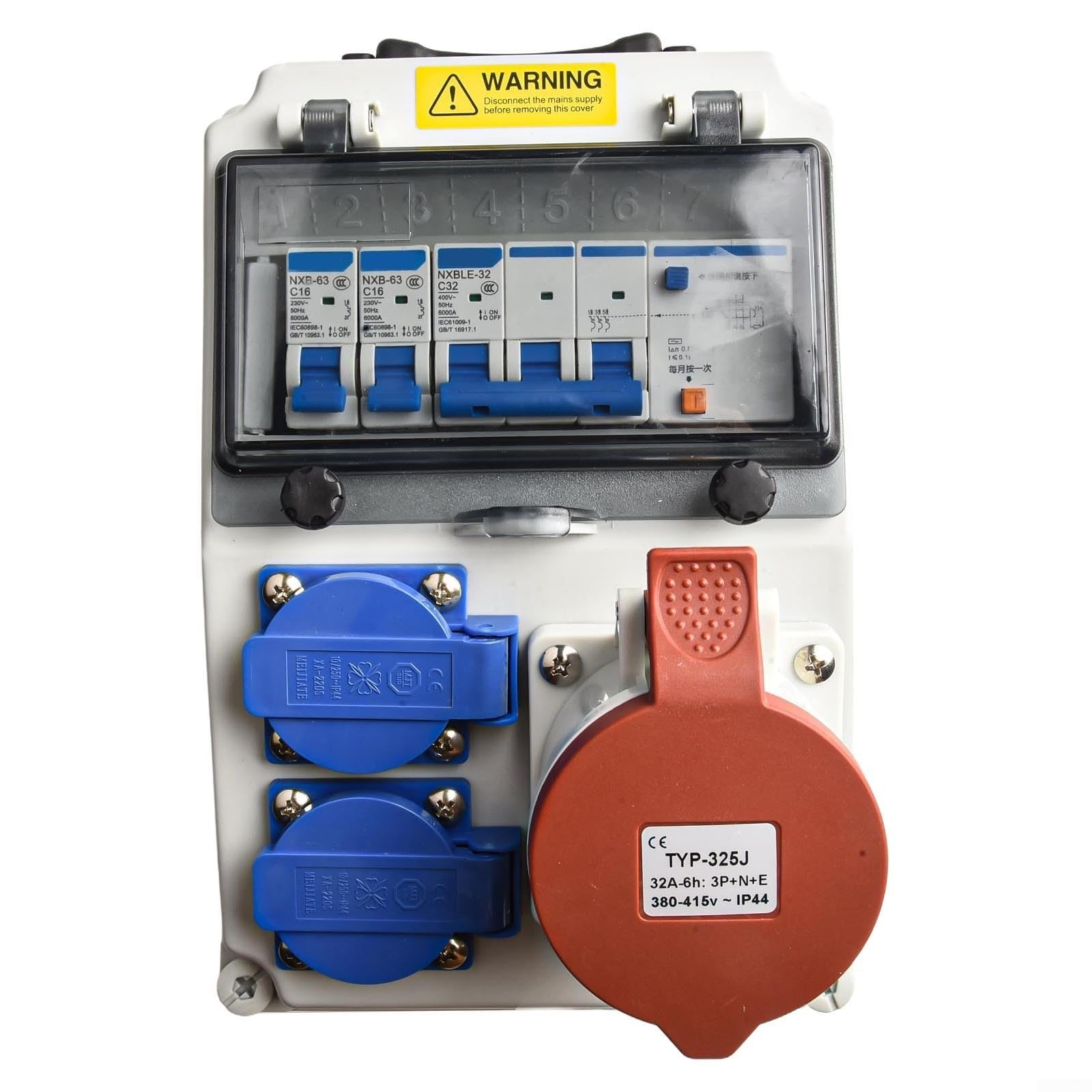 Distribuidor de corriente para construcción IP65, montaje en pared con interruptor de protección FI, 2 x para Schuko 10 A y 1 x para CEE 400 V 32 A, distribuidor exterior impermeable de ABS + PC para
