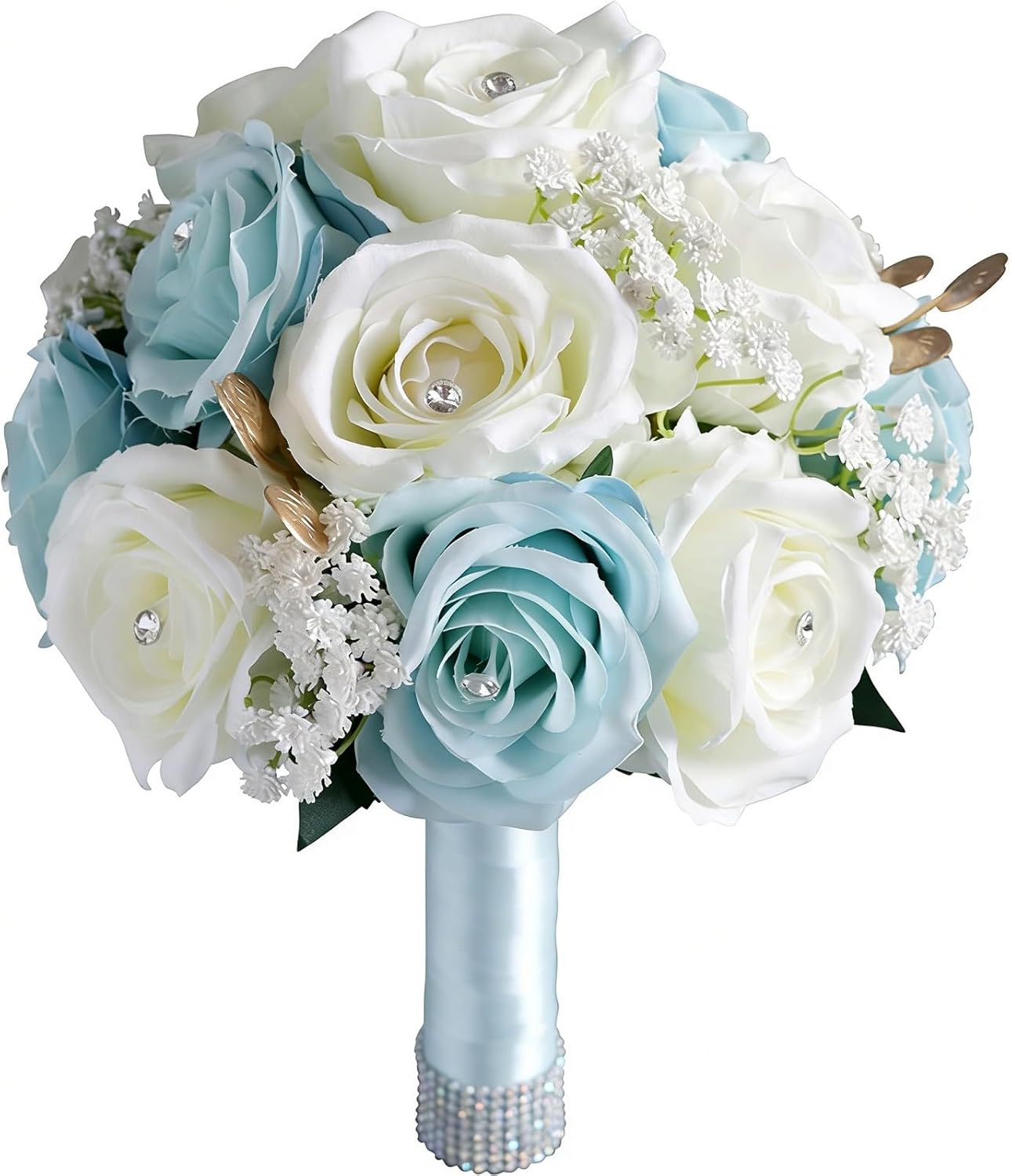 EUBUY Wedding Bouquets for Bride Bridesmaid, Blue & White Artificial Roses Flowers Bouquet for Rustic Church Boho Wedding Prom Decoration, Ceremony, Anniversary
