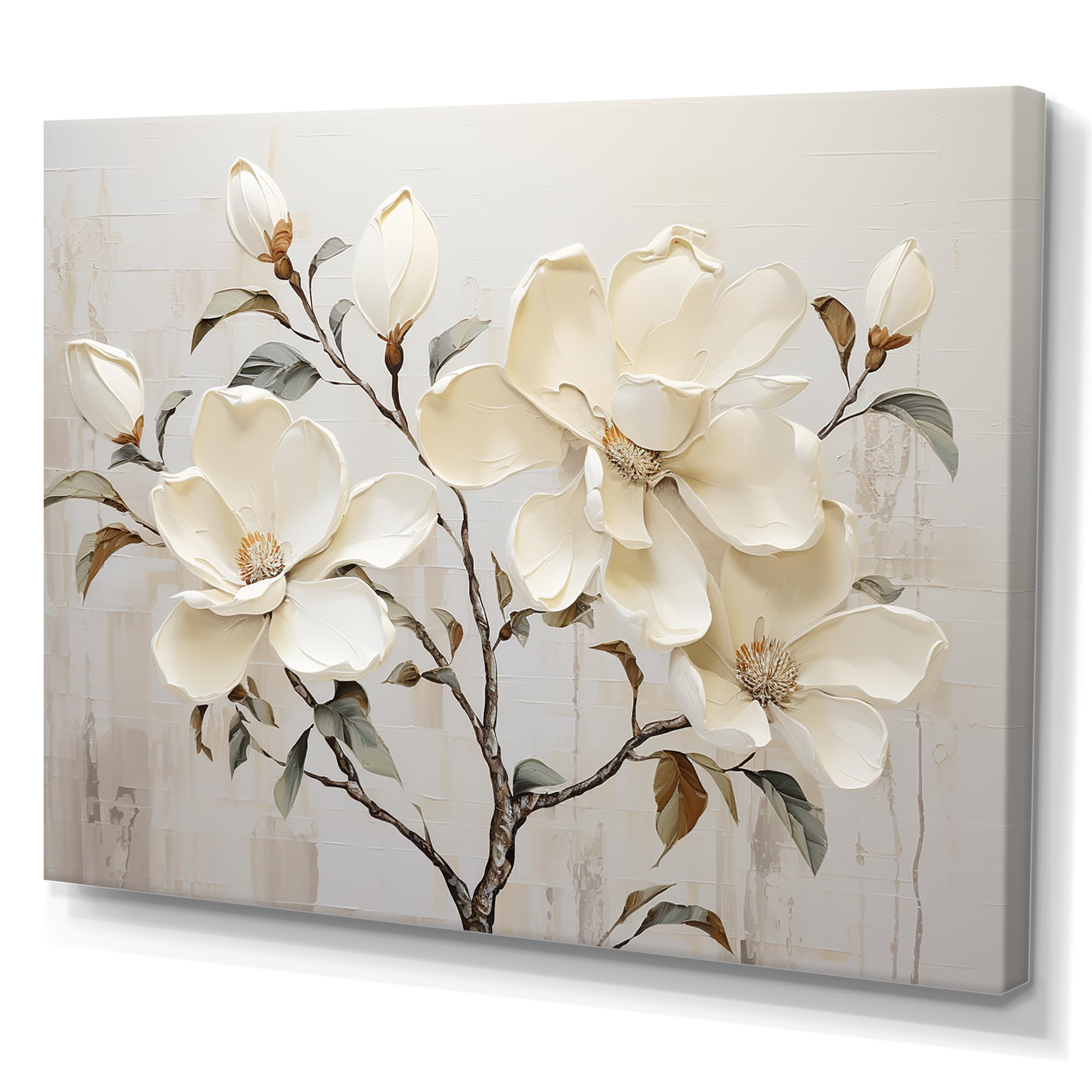 DesignQ beige Canvas wall art, Magnolias Wall Art, Blooming Flowers In Beige And Green Magnolias, Magnolias Wall art decor, 40x30 inches