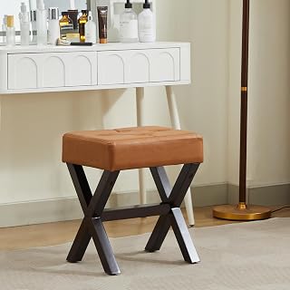 Square Makeup Stools,PU Leather Small Ottoman Seat Solidwood X-Leg,18''-Vanity Stool of No Metal Rivets,Modern Padded Multi-Use for Bedroom,Makeup Room,Living Room,Caramel Brown