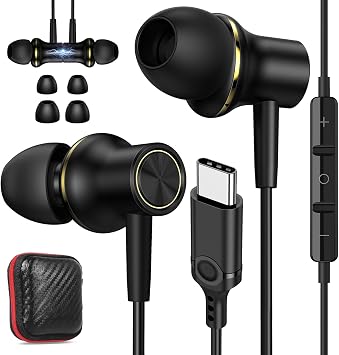 USB C Headphones for iPhone 17 Air 16 15 Pro Max Plus/iPad, Type C Earphones Noise Isolating with Mic Stereo Magnetic Cord Wired Earbud for Samsung S26 S25 Ultra S24+ S23 Flip/Pixel 10 9 8, Black Gold