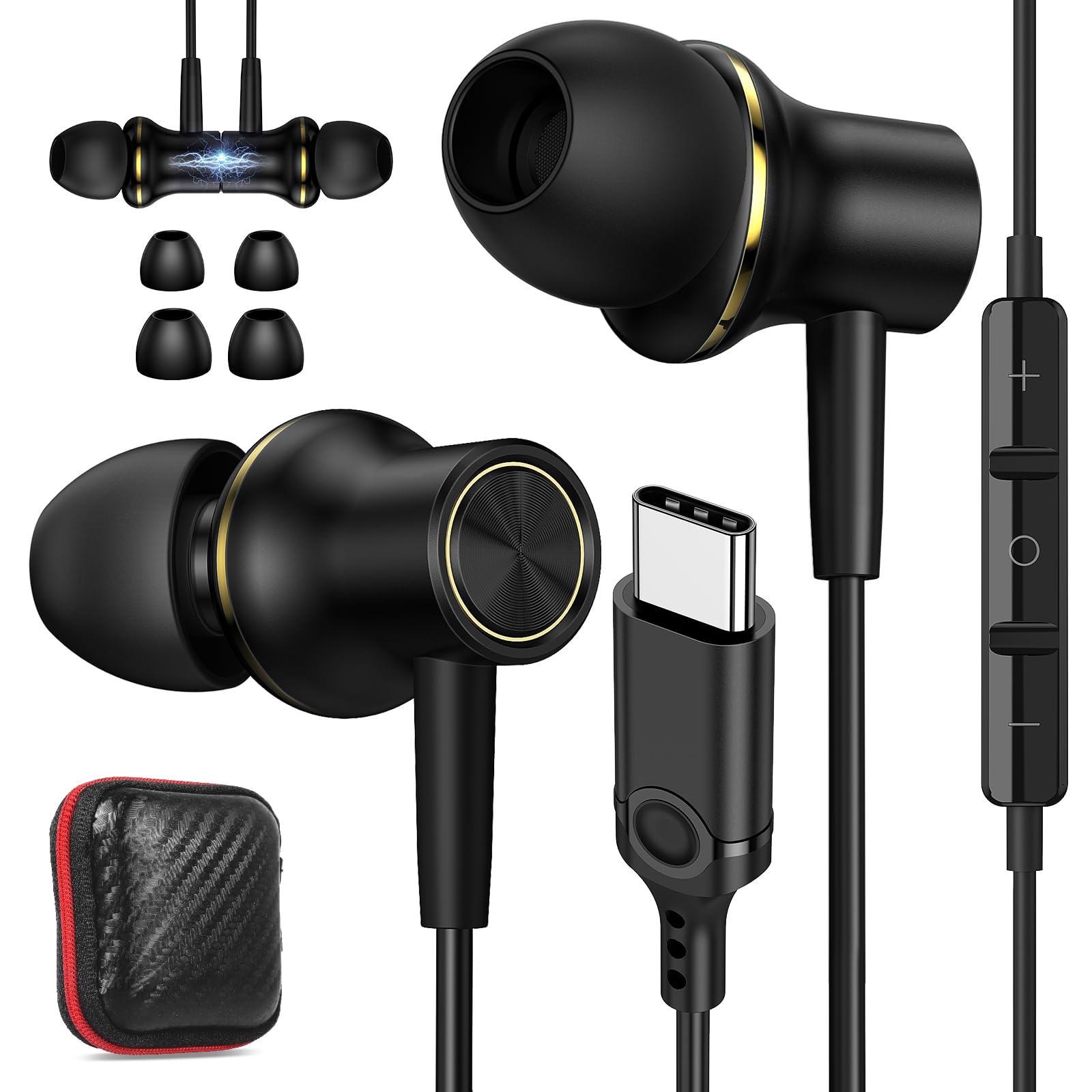 USB C Headphones for iPhone 17 Air 16 15 Pro Max Plus/iPad, Type C Earphones Noise Isolating with Mic Stereo Magnetic Cord Wired Earbud for Samsung