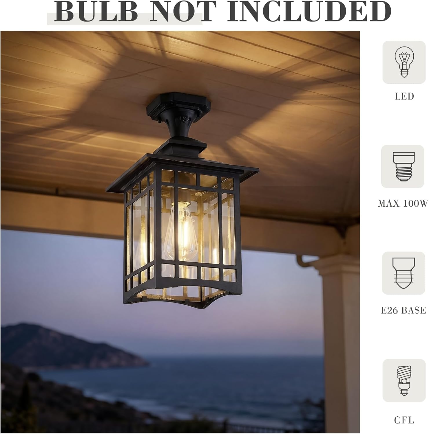 Emliviar Dusk to Dawn Black Semi Flush Mount Ceiling Light for House Entryway, Waterproof 15.4" Outdoor Close to Ceiling Lamp, Clear Glass, 100 Max, XE309F-M-PC BK