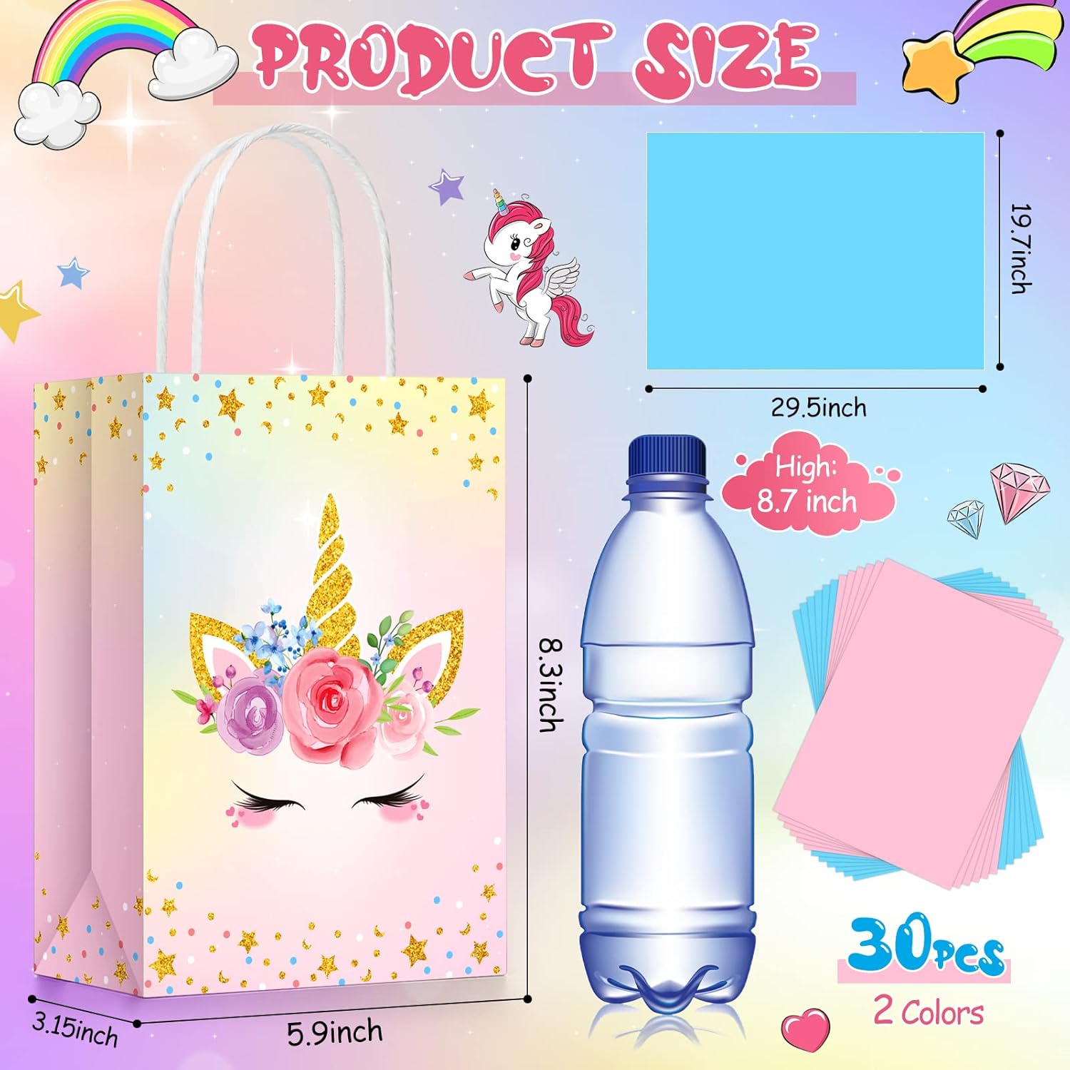 Sherr 30 Pcs Unicorn Party Favor Bags with Handles Tissue 8.3 Inches Paper Candy Treat Goodie Gift Unicorn Party Supplies for Kids Girls Boys Gender Reveal Baby Shower Birthday Decorations - Image 2