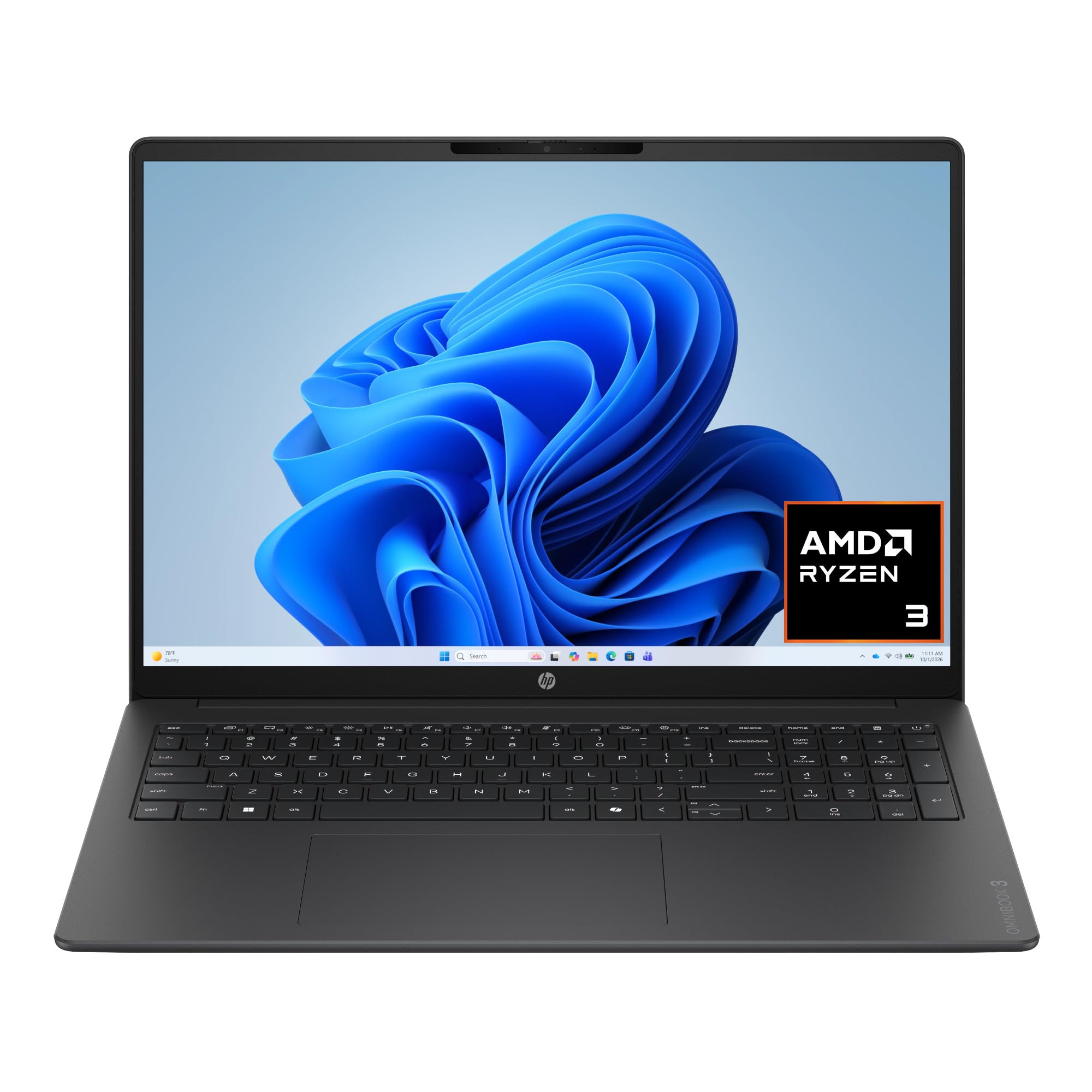 HP OmniBook 3 16 inch Laptop PC, 2K Touchscreen, AMD Ryzen 3 30, 8 GB RAM, 512 GB SSD, AMD Radeon 610M GPU, Windows 11 Home, Mica Silver, 16-by0299nr Mica silver cover and keyboard frame, iron gray ba Device Only