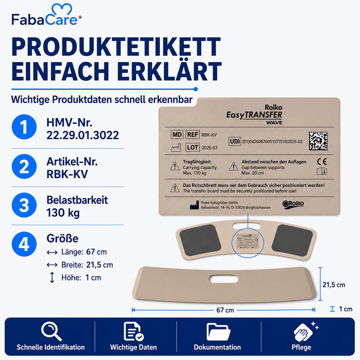 FabaCare Rutschbrett für Rollstuhlfahrer EasyTransfer wave, Rollstuhlbrett, Transferbrett, Umsetzbrett gebogen mit Griff, Transferhife vom Rollstuhl, Auto und Bett, bis 130 kg, Länge 67 cm