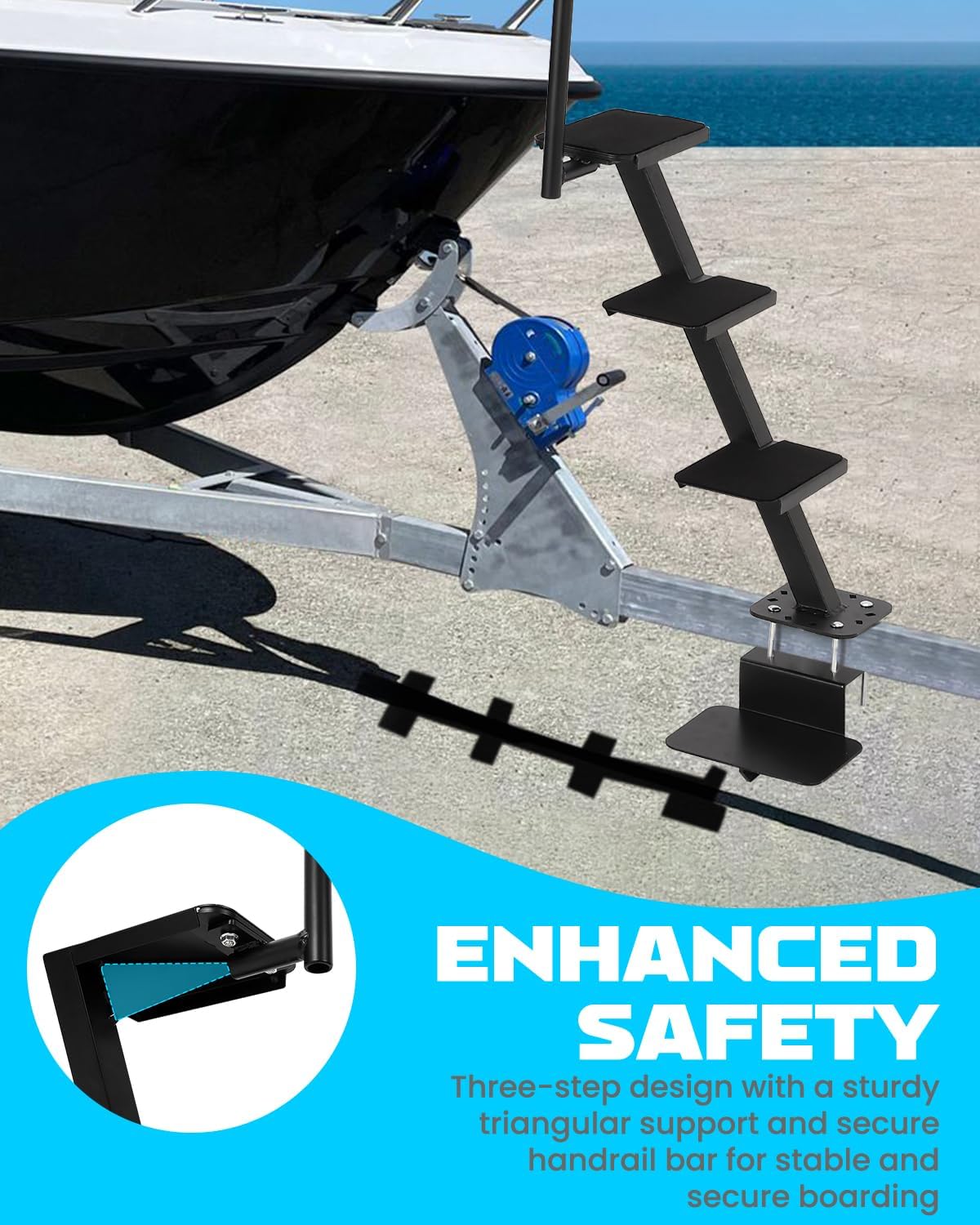 Heavy-Duty Boat Trailer Steps with Handle, 4-Step Non-Slip Surface, Universal Fit for Trailer Tongue Access, Load Capacity 400 lbs.