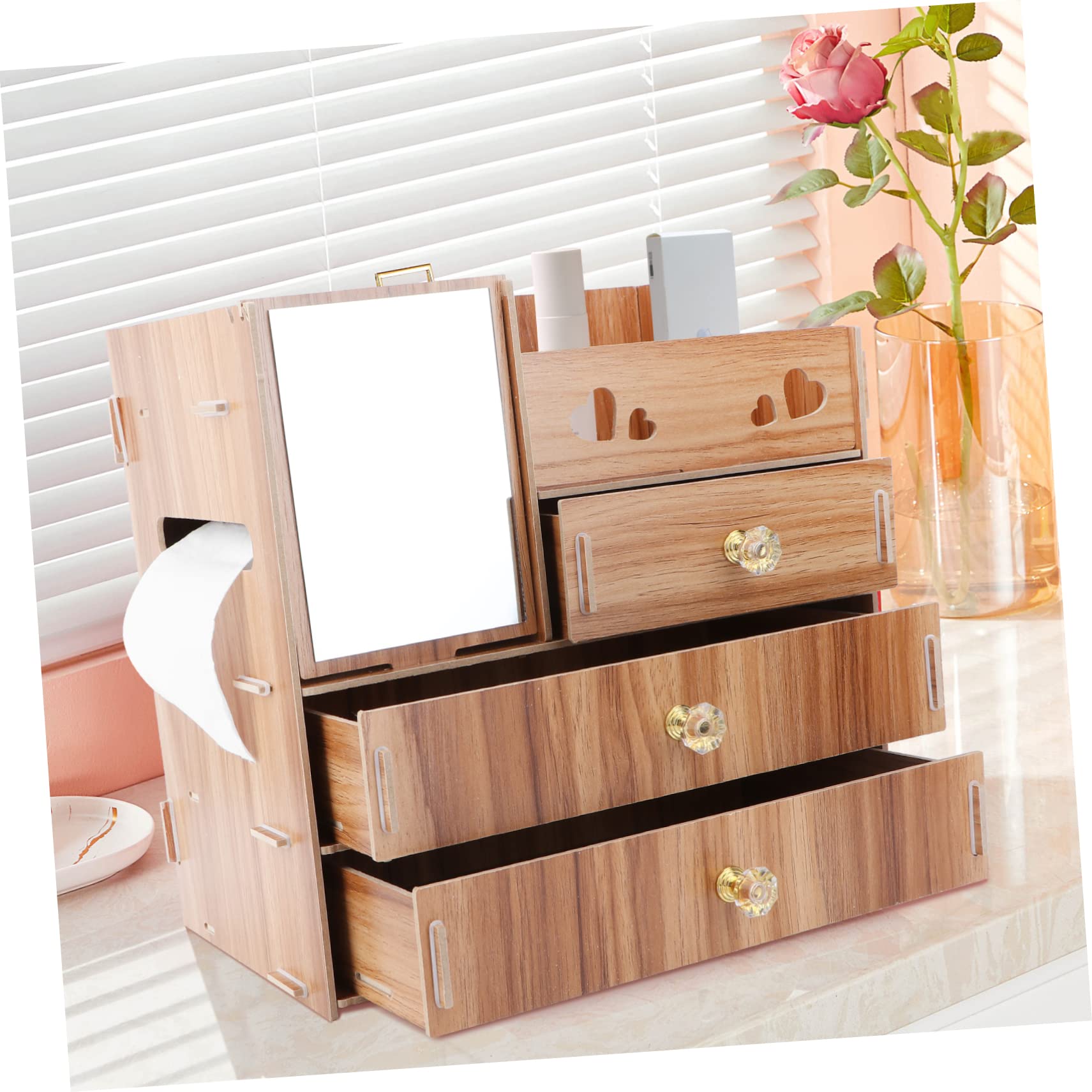 Holz Kosmetikaufbewahrungsbox mit Spiegel und Schublade für Schreibtisch
