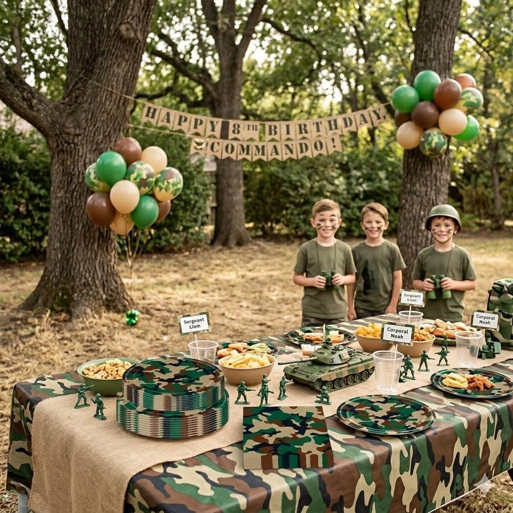 150PCS Camo Birthday Party Supplies for 50 Guests, Camouflage Paper Plates and Napkins Set, Army Military Theme Party Decorations with 9" Dinner Plates, 7" Dessert Plates and Napkins