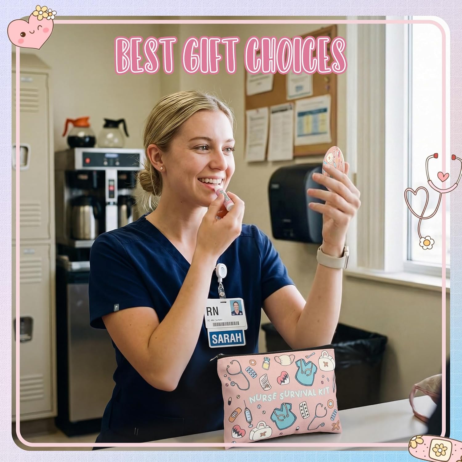Liliaafar 12 Sets Nurse Week Gifts Bulk for Women Nurse Survival Kit Nursing Appreciation Makeup Bags with Zipper Cosmetic Bags Small Round Mirrors with Cute Lip Balm and Inspirations Cards