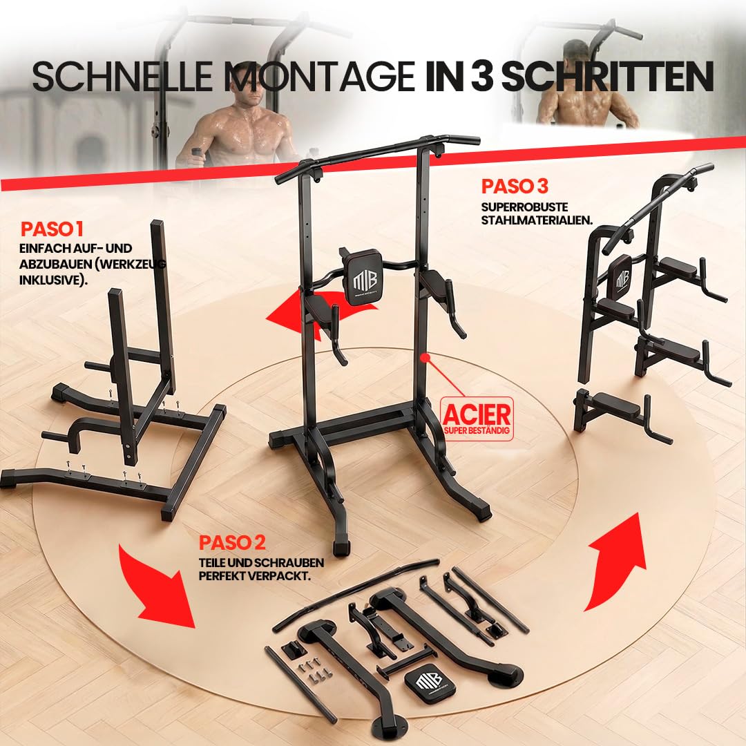 ManiBoom "FELSENFEST" Klimmzugstange freistehend (220 KG) - Höhenverstellbare Power Tower (165-235 cm) mit Anti-Kipp-Basis - Pull Up Station für Calisthenics, Dips & Bauchtraining Zuhause