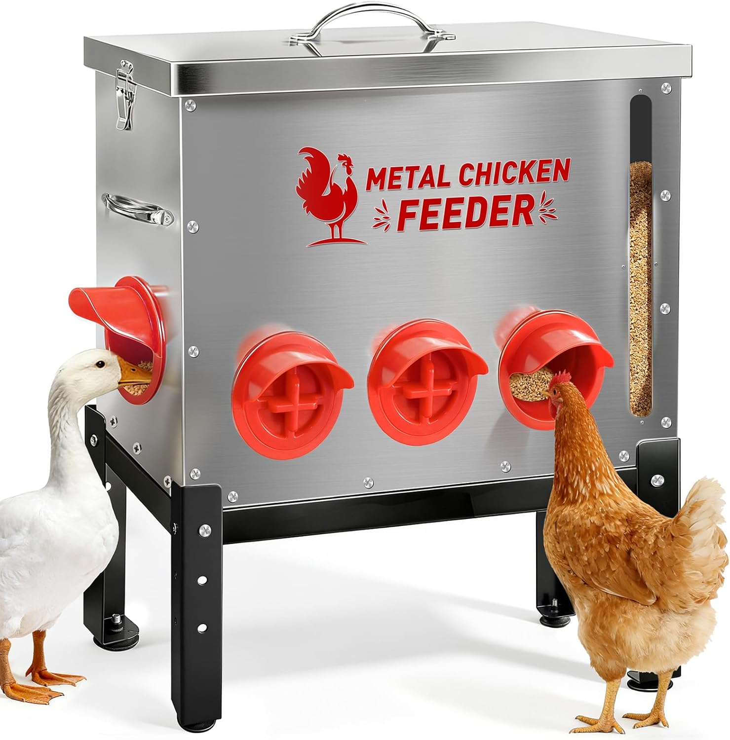 Automatic Chicken Feeder 50 LB Large Capacity with Window 9 Feeding Ports & Buckle Lock Lid and Adjustable Height Stand Chicken Feeder for Chickens Geese Ducks & Poultry(Silver)