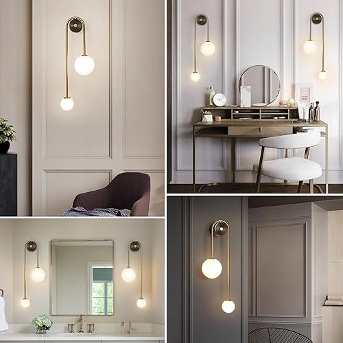 Miniatura 6 de Lámpara de pared moderna de mediados de siglo con forma de globo para interiores, 2 luces, color negro y dorado, con vidrio de leche, lámparas de