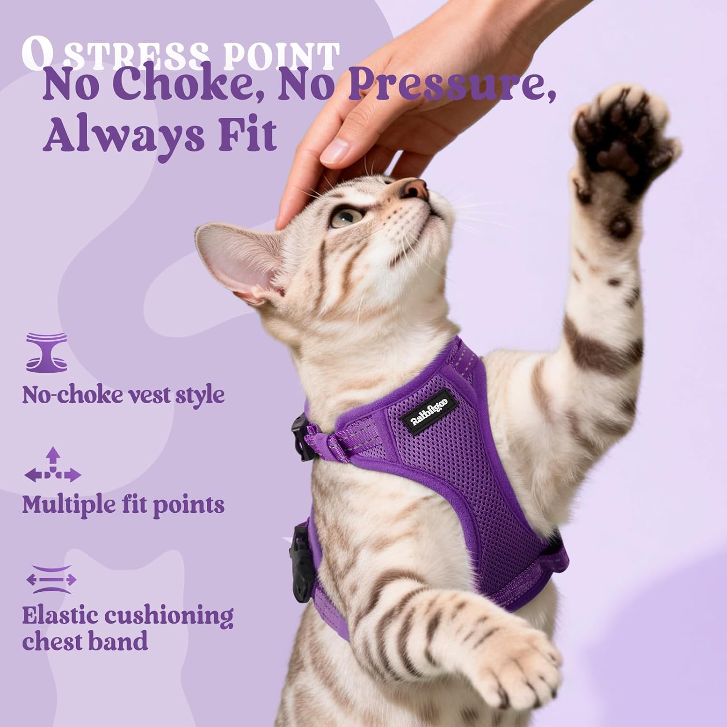 rabbitgoo Cat Harness and Leash, Escape Proof Vest with 3 Adjustable Buckles, Soft Comfortable Kitten Harness, Easy to Wear, Reflective for Safe Outdoor Walking, XS, Purple