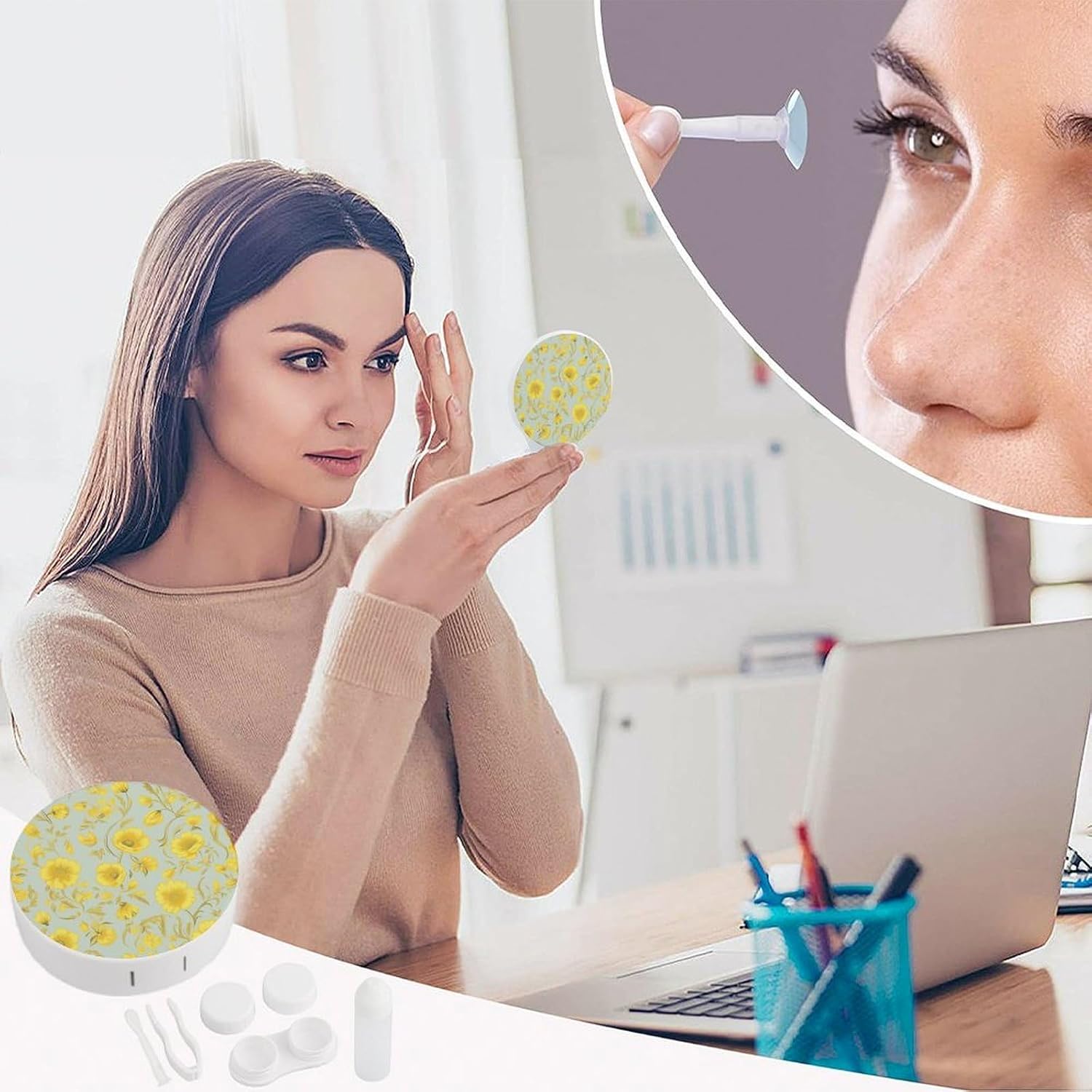 Yellow Flower Contact Lens Case Kit with Mirror,Tweezer And Contact Lenses Solution Bottle,Portable Soak Storage Kit Leak Proof Contact Lens Box Holder Container for Travel image 4
