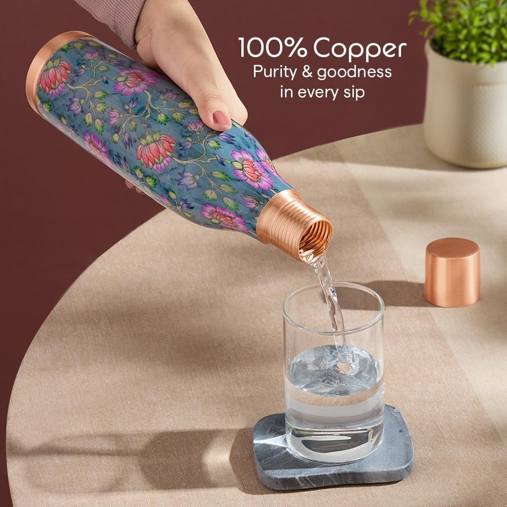 Borosil 1100 ml Gemini Series Quinn Design Copper Bottle | 100% Pure Copper, BPA Free & Leakproof with Anti-Oxidant Properties of Copper | Printed Designer Bottle for Home, School & Office