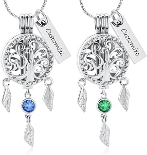 constantlife Dream Catcher Cremation Jewelry for Ashes Stainless Steel Tree of Life Locket Pendant Memorial Urn Necklace for Women Girl Loved Ones Keepsake Gift (Customize-2)