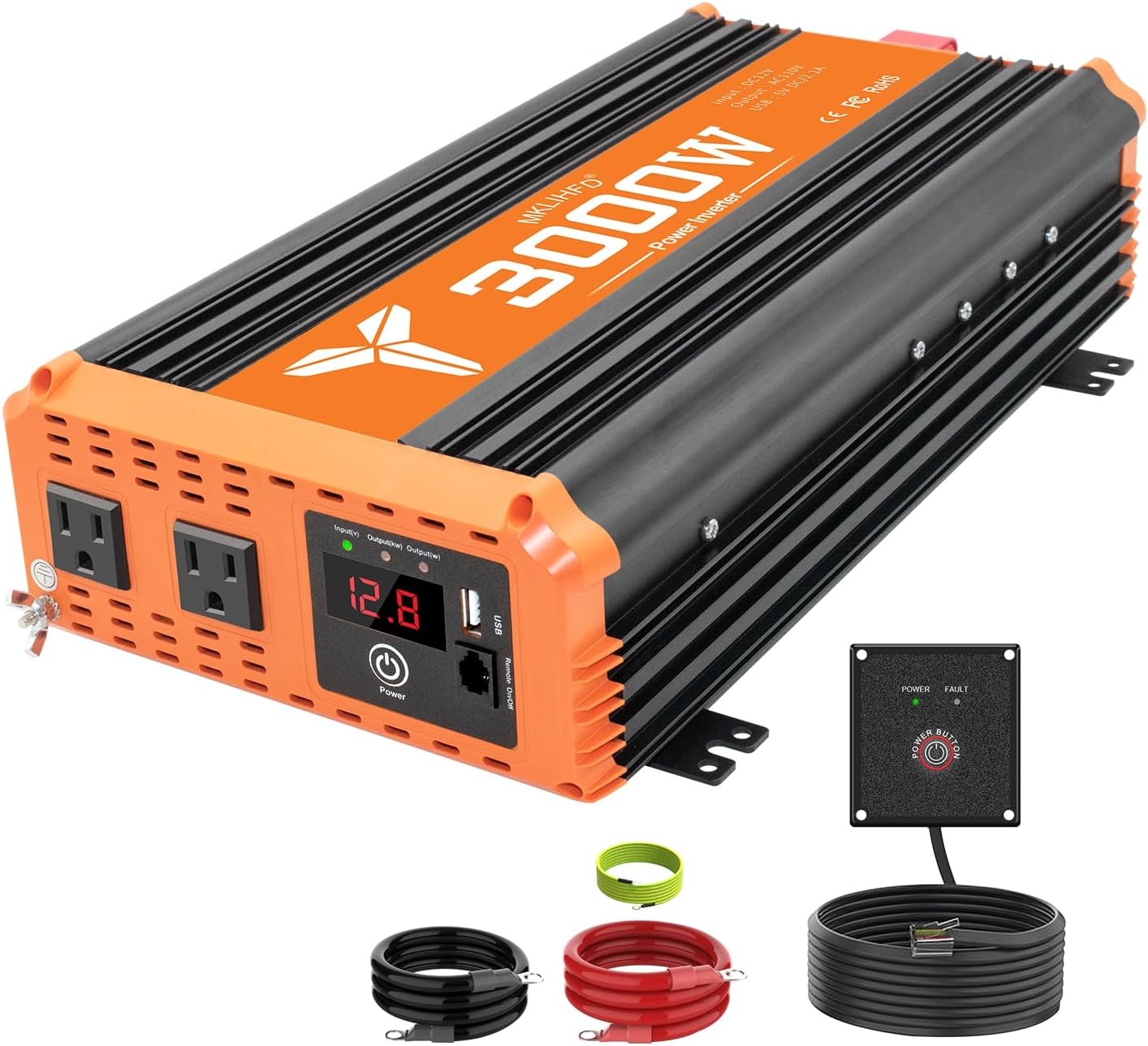 3000W Inverter 12V DC to 110V AC Converter for Dwelling, RV, Truck, Off-Grid Photo voltaic Energy Inverter with Constructed-in 5V/2.1A USB, AC Hardwire Port, Distant Controlle