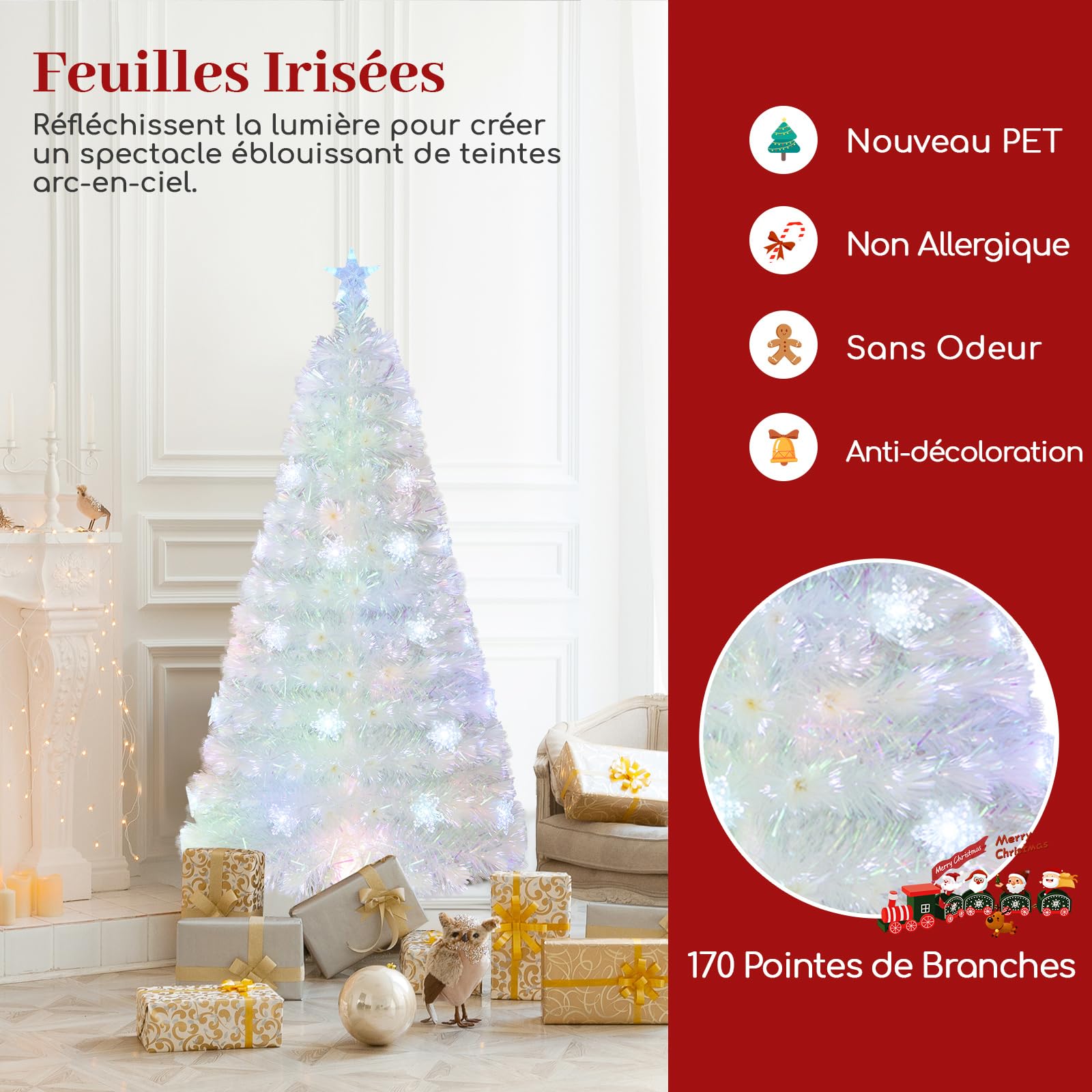 GYMAX Sapin de Noël Artificiel 150cm Lumineux LED, 24 Flocons de Neige de Lumières Multicolores, 170 Branches Blanches en Fibres Optiques, Support en Métal, pour Maison Magasin École Bureau