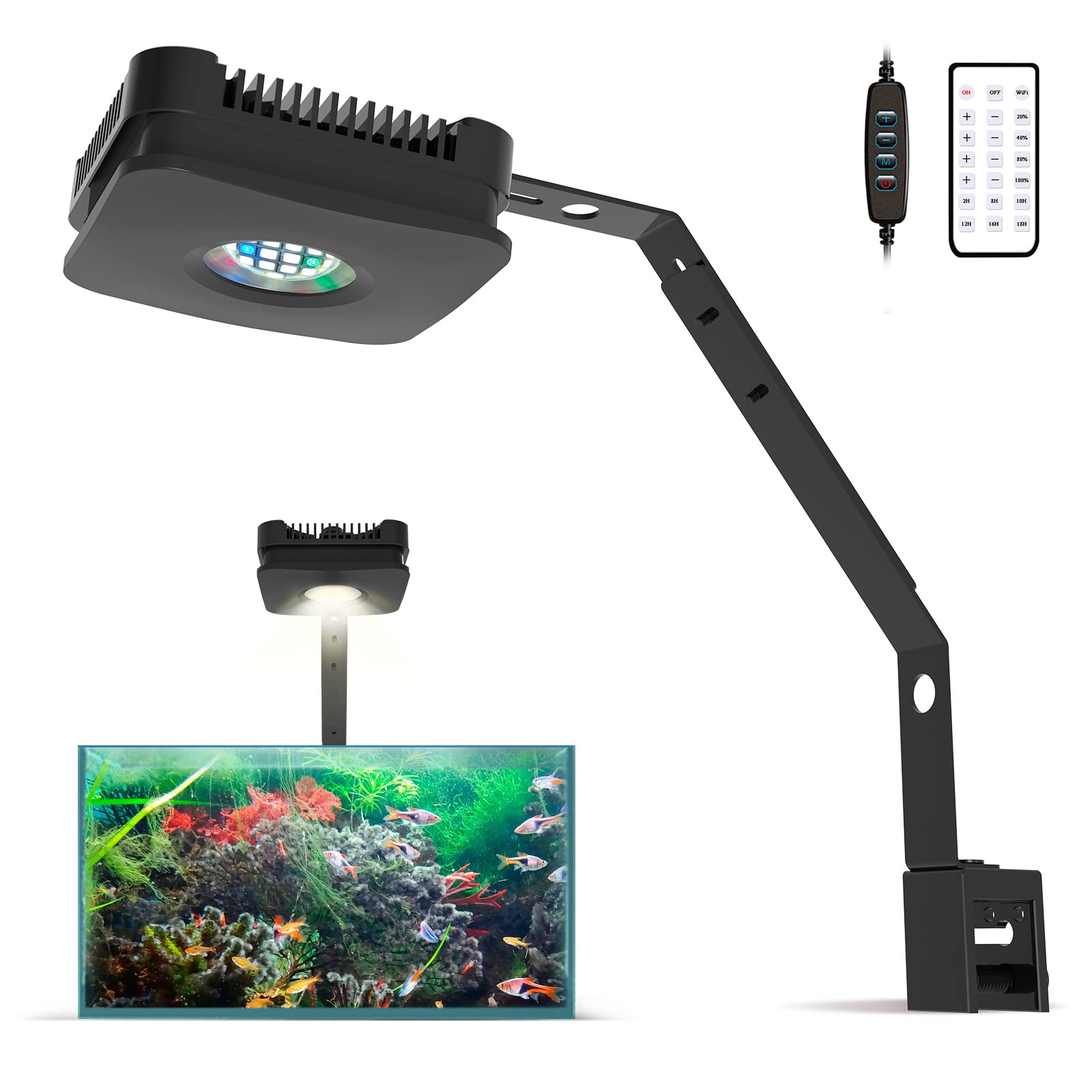 Lominie Luz Led para Acuario, 4 Canales 30W Luz para Acuario, Pixie 30 con Soporte Lámpara para Acuario Luz para Pecera con Soportes Extensibles, Temporizador Atenuación (P30 Agua Dulce)