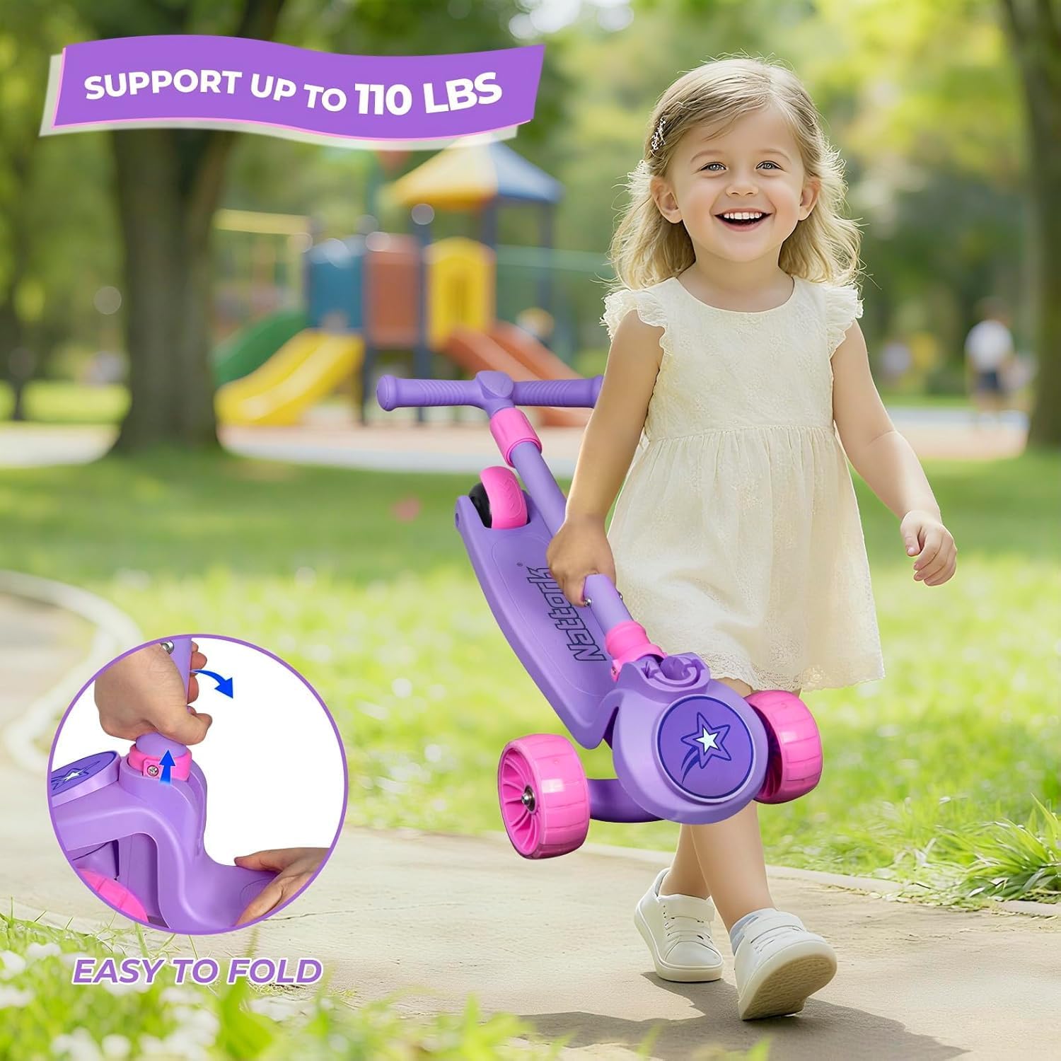 Nattork Kids Scooter for Girls Boys with Light Up Wheels, 3 Adjustable Height Handlebars, Lean-to-Steer Technology, Widen Anti-Slip Deck, 3 Wheel Scooter for kid ages 3-8, Support Riders Up to 110 LBS