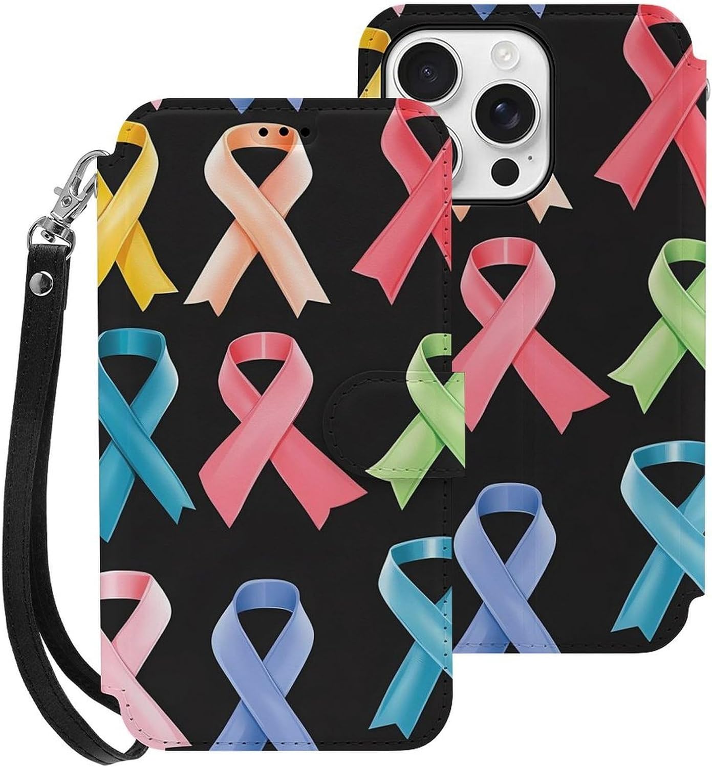 Cancer Awareness Ribbons Compatible with iPhone 16/16 Plus/16 Pro/16 Pro Max/16 E Case Phone Wallet Card Holder Flip Cover with Wrist Strap