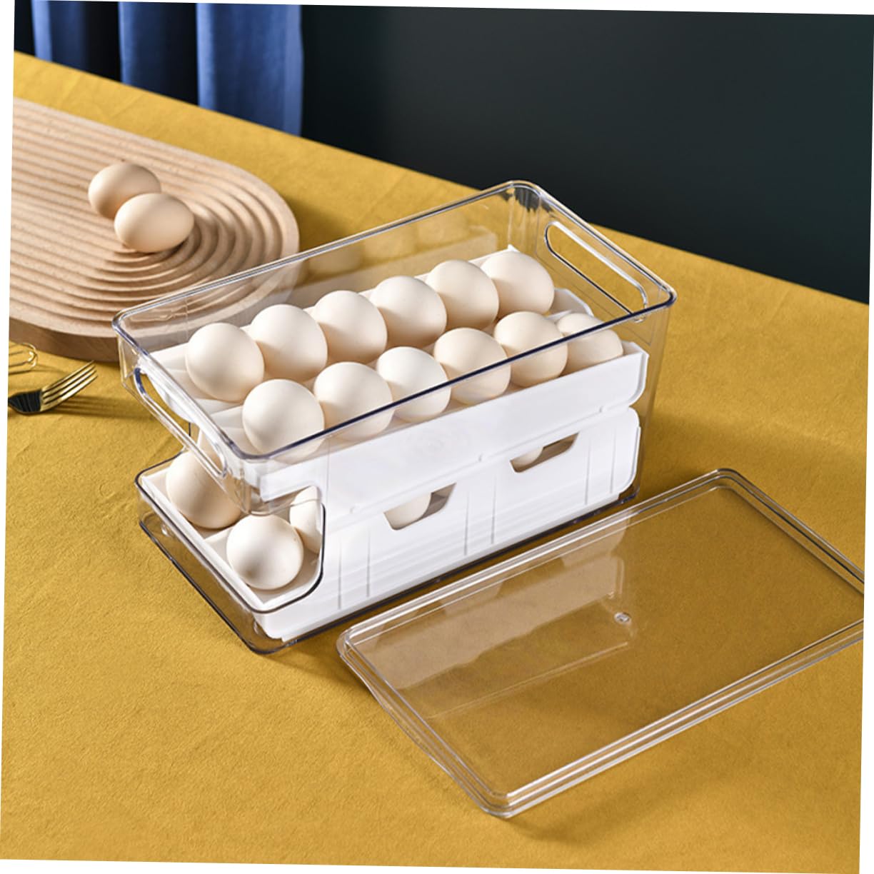 DOITOOL Organizador de Huevos para Almacenamiento Fácil para Nevera Diseño Apilable de Doble Capa, Caja Transparente de Pet y Pp Sistema Deslizante en Cocina