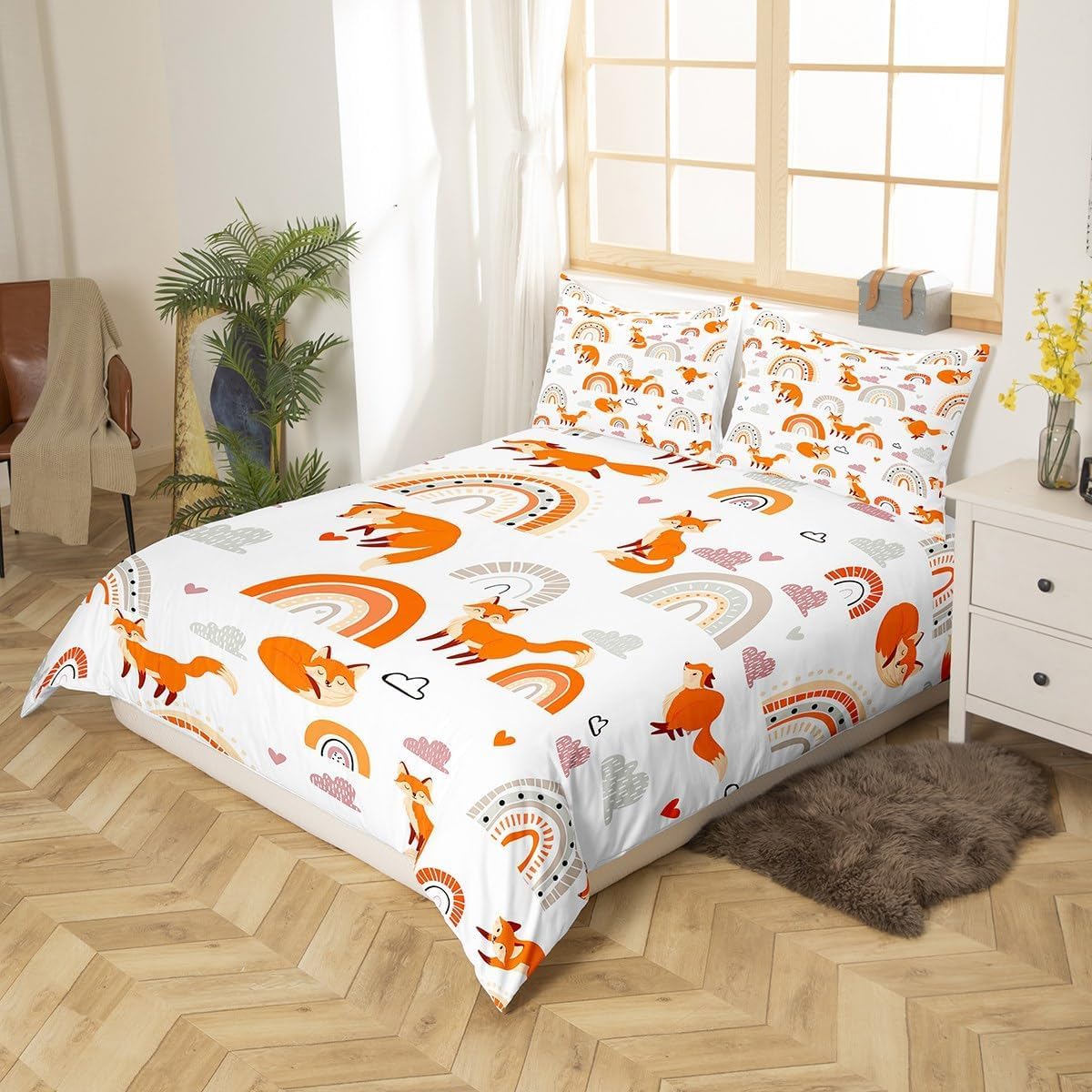 richhome Fox Cotton Duvet Cover Set Single Size Kids Rainbow Cloud Comforter for Boys Girls Teens Cartoon Animal Bedding Set Breathable Cute Duvet Set Room Decor Kawaii Quilt Set - Image 3