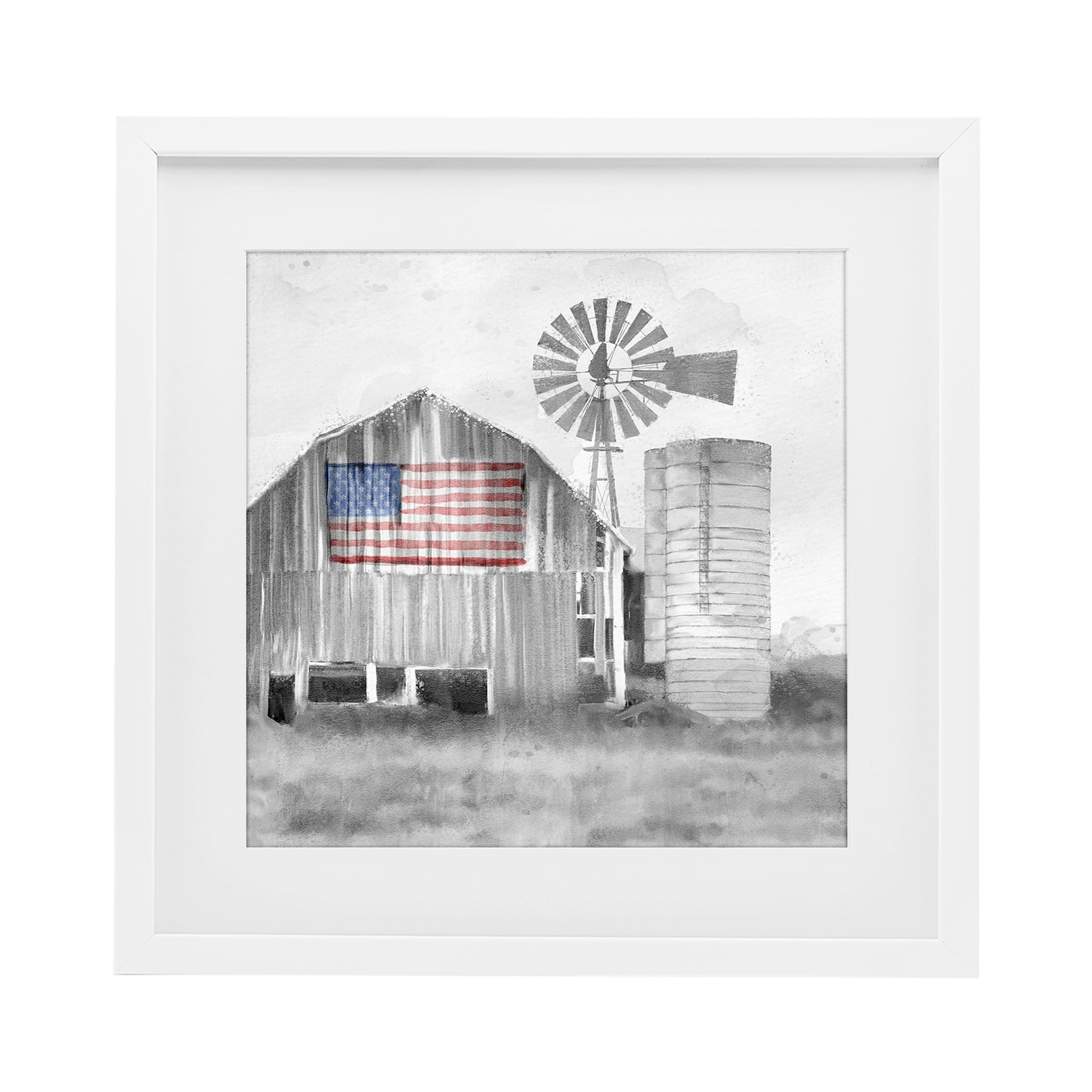 Stupell Industries Patriotic Farm Barn Flag 'Grandfather's Barn With Flag', Framed Print Under Glass, White, 16 X 16 Inches, Easy To Hang And Sturdy, Made In Usa, By Kim Allen