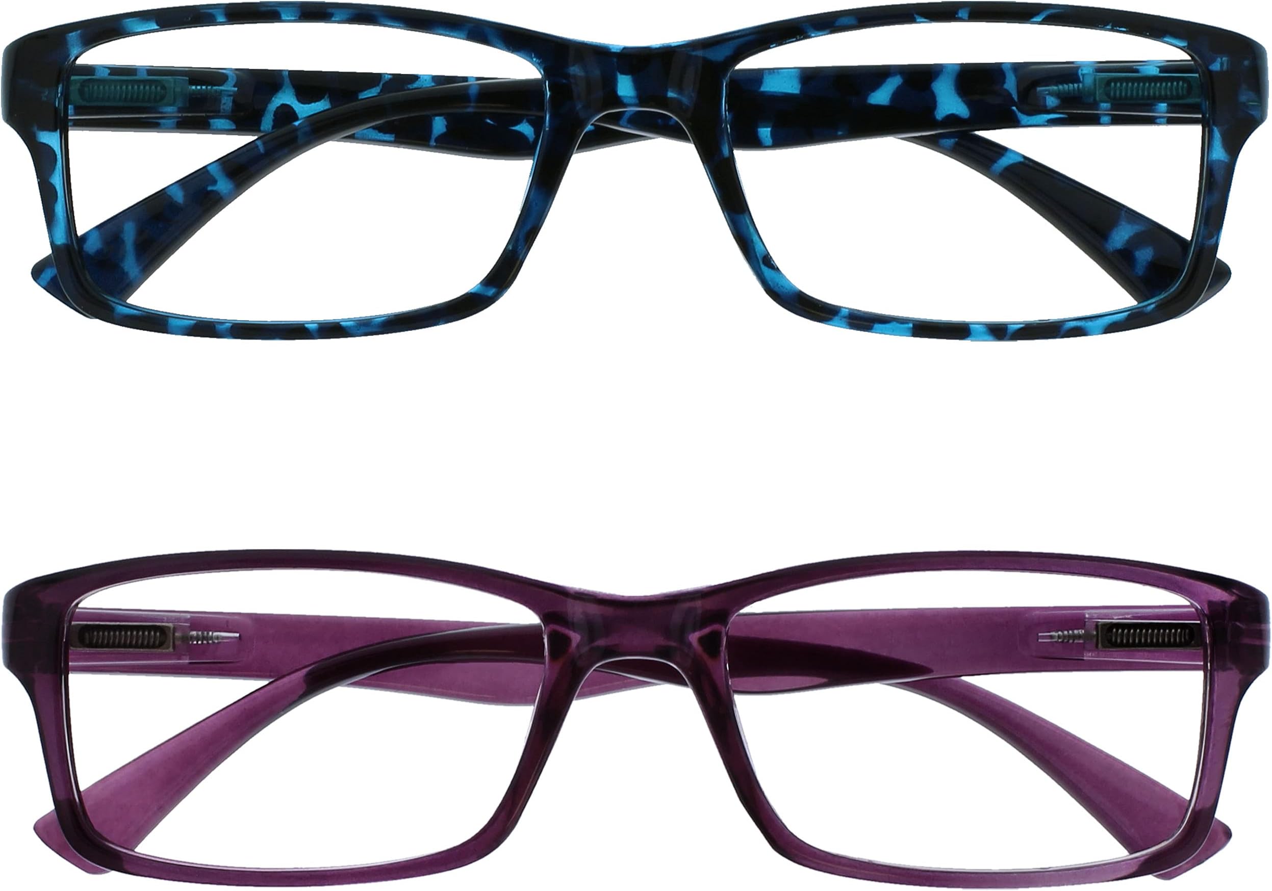 OPULIZE PEP Reading Glasses for Women Men, Large Rectangular Designer Frame with Spring Hinges, Scratch Resistant, Blue, Purple +2 (Pack of 2)