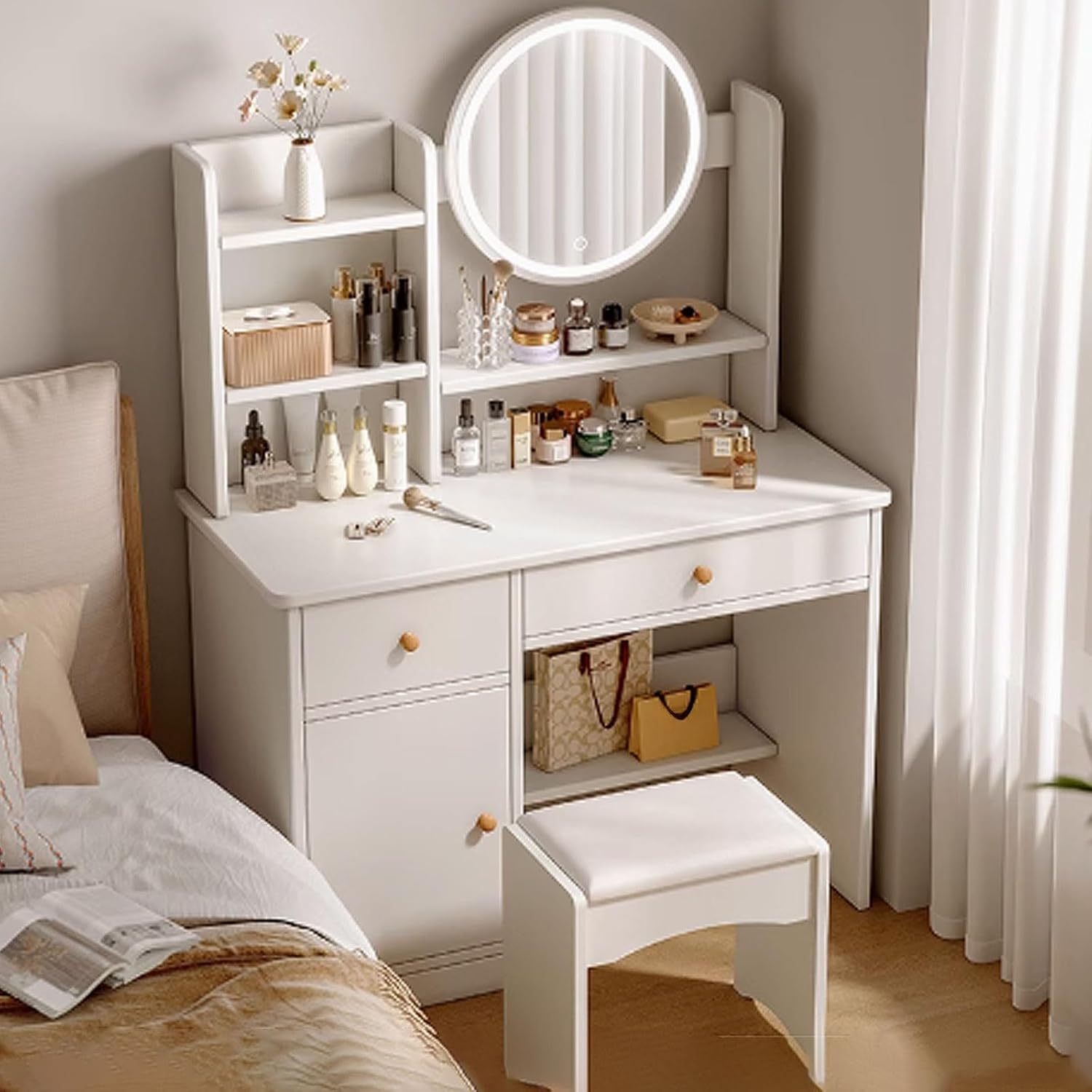 Makeup Vanity Desk, Small Vanity Table, Make up Vanity with Chair, Small Dressing Table with Mirror Engineered Wood White, Natural(White)