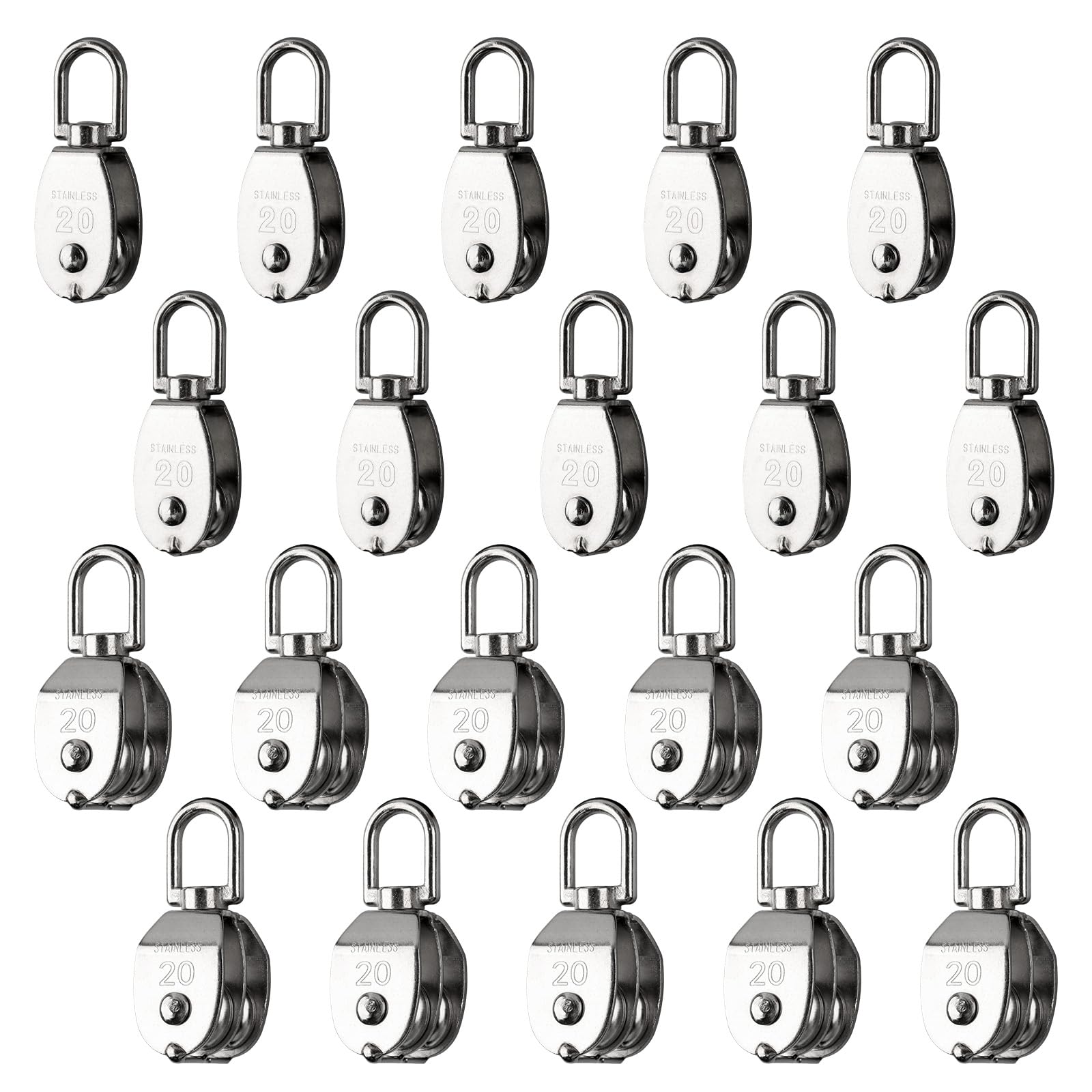 Rocaris Paquete de 20 poleas M20, 10 poleas individuales y 10 poleas dobles de acero inoxidable 304, gancho giratorio de elevación