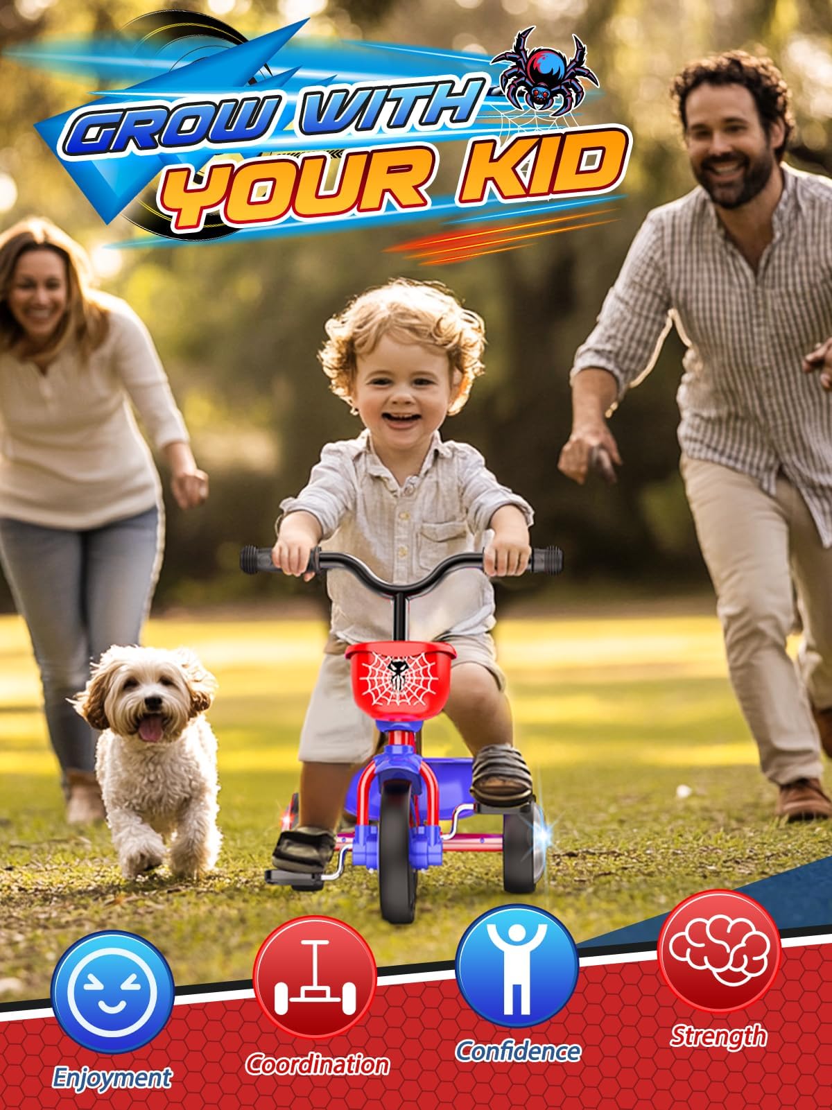 Tricycle for Toddlers 1-3 3-5 Year Olds, Spider Toddler Bike Baby Balance Bike with Colorful Lighting Wheels & Large Basket, Birthday Gift and Toy for 1 2 3 4 5 Year Olds Boys and Girls