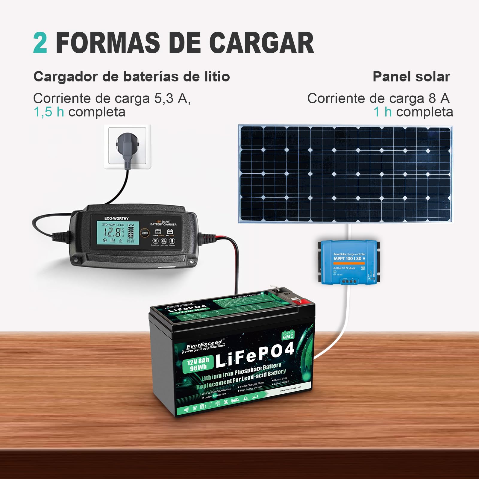 Batería LiFePO4 12V 8Ah BMS 3000 Ciclos Profundos Litio Solar Eólica Iluminación