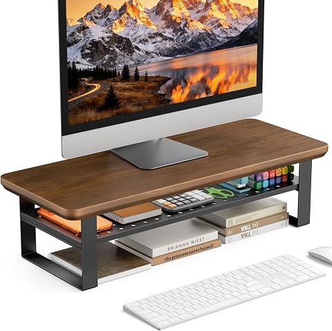 Monitor Stand Riser, 24 Inch Wooden Desk Shelf Organizer with Storage, 2-Tier Ho