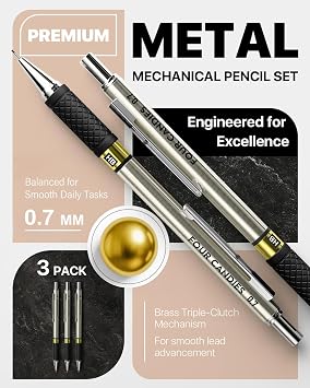 Metal Mechanical Pencil Set, 0.7mm Medium Point, 3-Pack with Storage Case | 360 Leads, 3 Erasers+9 Refills, Non-Slip Grips, For School Writing, Sketching, Art Drawing & Professional Drafting