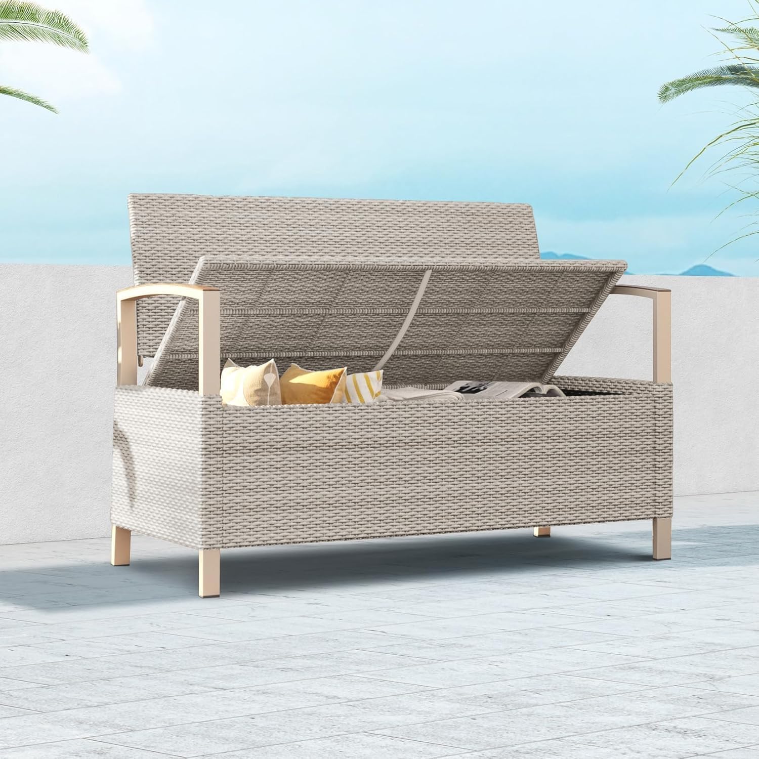 Grand patio Outdoor Storage Bench Deck Box with Olefin Cushion, Wicker Deck Box with Water Resistant Bag, Outdoor Seating for Front Porch, Store Garden Tools and Pool Storage (Grey)