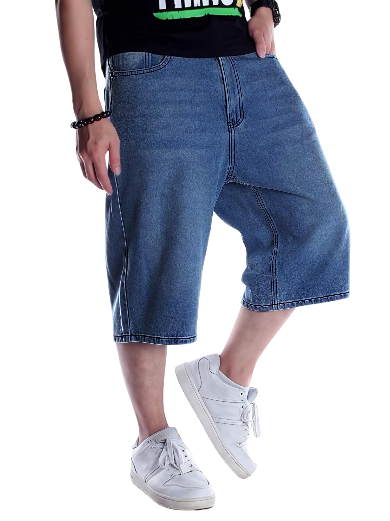 Baggy Short Jean Homme Coupe Ample Vintage Pantalon Large Jorts Streetwear Y2K Hip Hop Shorts en Denim Longs Décontractés