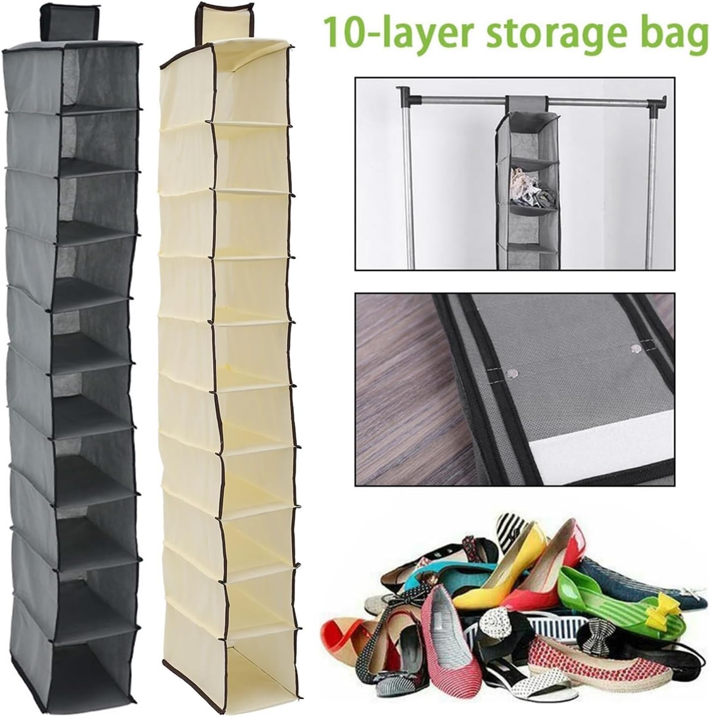 Over The Door Holder Collapsible Wardrobe Closet Shoes Hat Storage Hanger, 10 Layer Hanging Shoe Rack Organizer(Khaki)