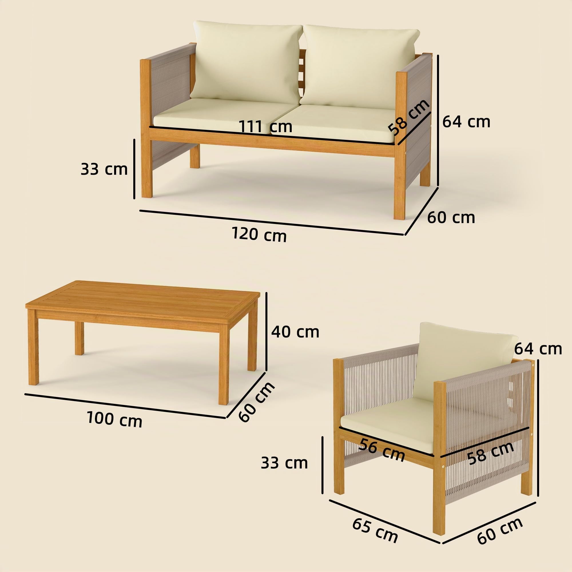 Outsunny Conjunto de Jardín Exterior de 4 Piezas con Sofá 2 Plazas Beige | Muebles Jardín Exterior, 2 Sillones, Mesa de Madera de Acacia, Cojines Acolchados, Decoración de Cuerda PP, para Terraza