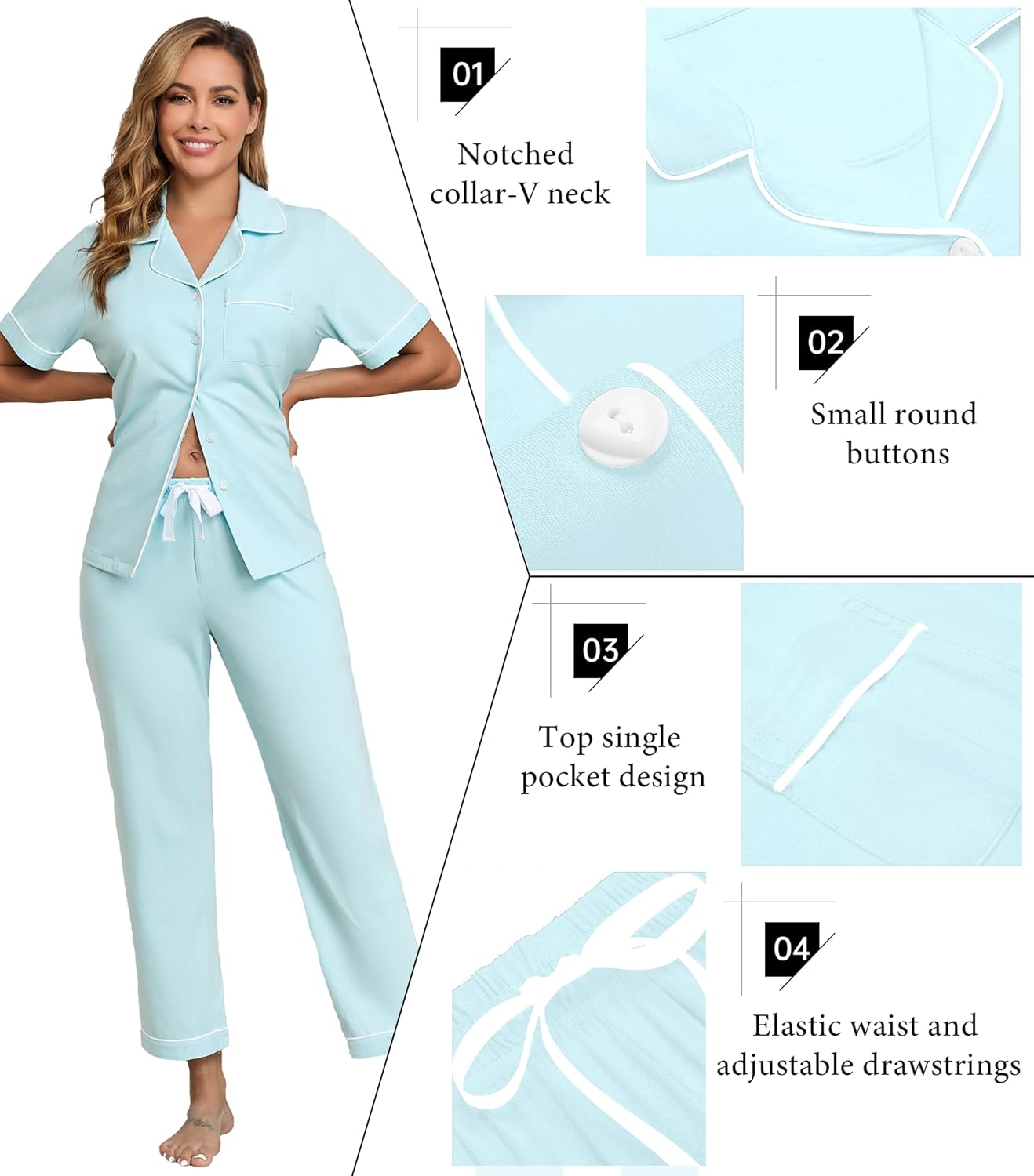 COLORFULLEAF 100% Cotton Women's Pajamas Sets Button Down Sleepwear Short Sleeve with Long Pants Lounge Pj set - Image 5